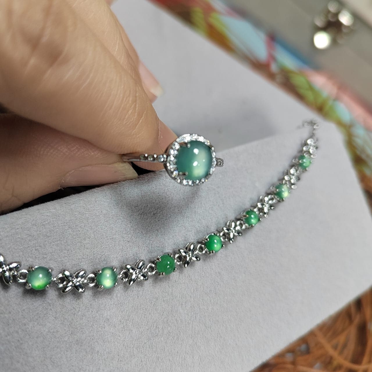 Certified A-Grade Glowing Light Effect Jadeite 925 Silver Ring & Bracelet Set | For Her SL035