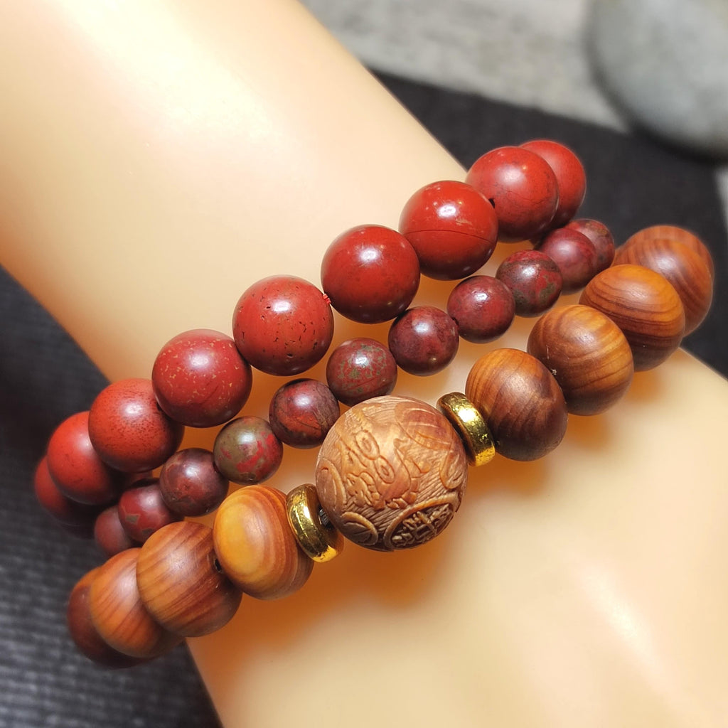 3pcs Set Aromatic Wood Bracelets with Wujia South Red Agate Accent |Ya Bai Thuja| Carved Cypress| Natural Aroma| Panwan Ready SL415