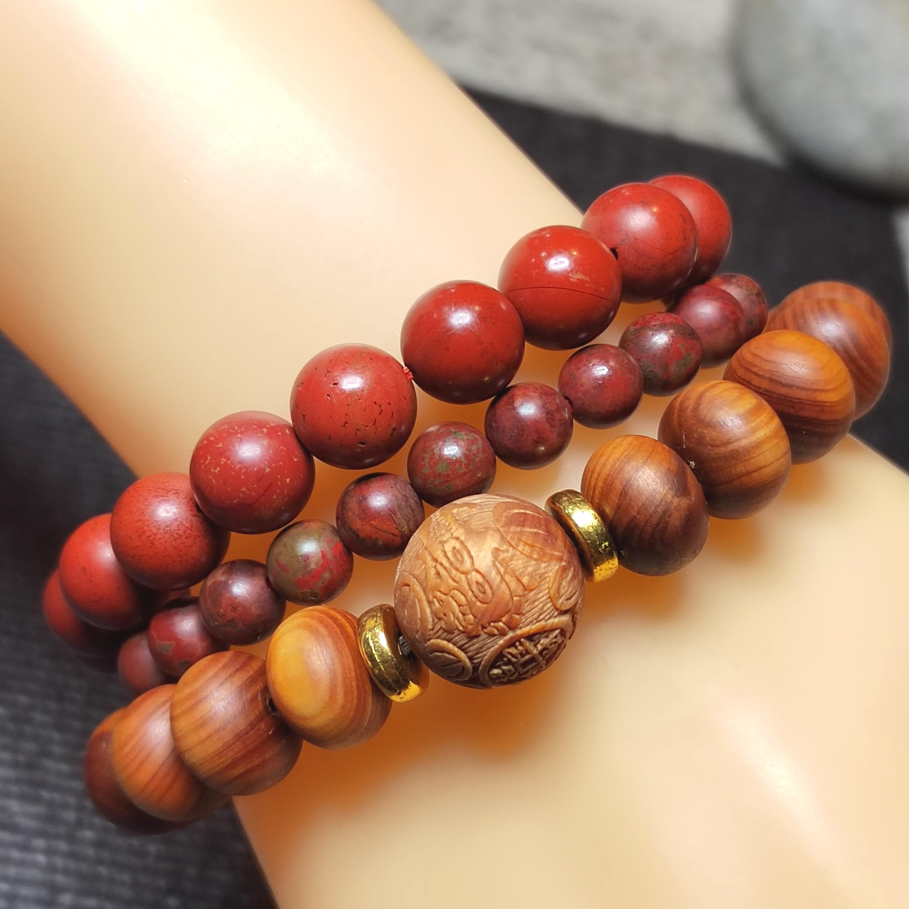 3pcs Set Aromatic Wood Bracelets with Wujia South Red Agate Accent |Ya Bai Thuja| Carved Cypress| Natural Aroma| Panwan Ready SL415