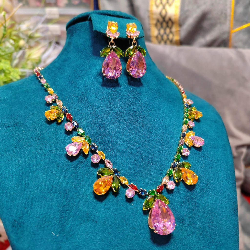 Zircon Flower Leaf Jewelry Set: Teardrop Necklace & Earrings SL153 - SL Precious