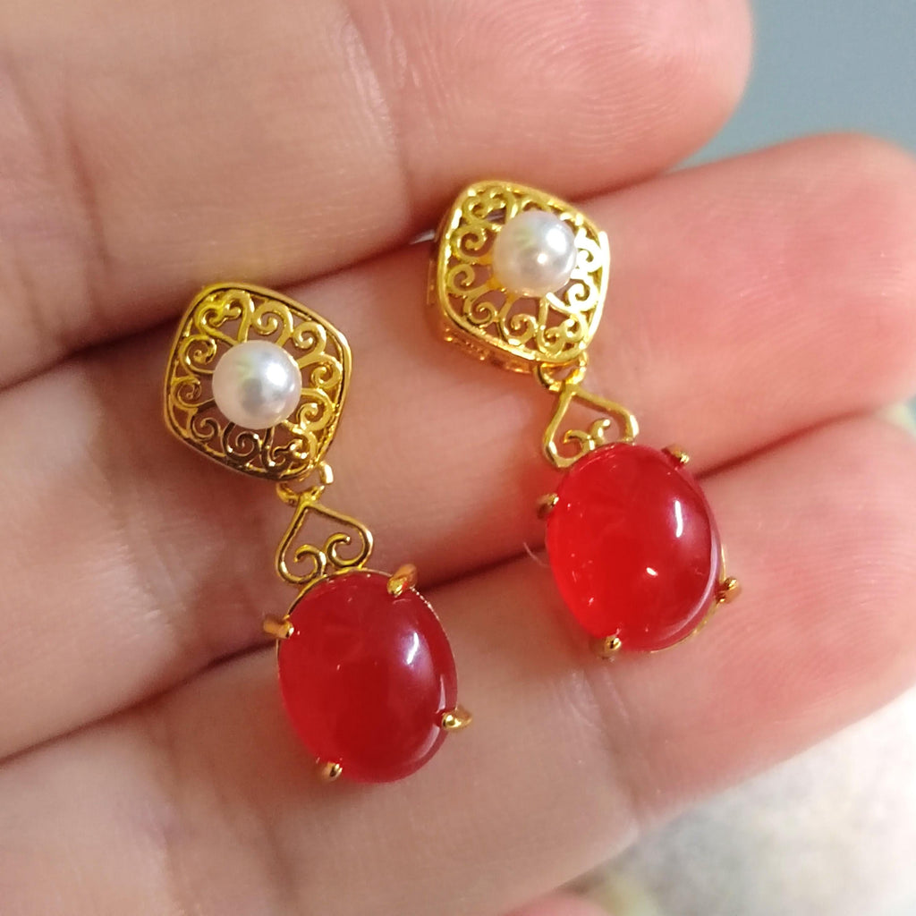 Certified Natural Untreated China Baoshan Southern Red Nanhong Agate S925 Silver Stud Earrings 中国古典风古法掐丝工艺镶嵌淡水珍珠原矿南红冰红耳饰 SL260X19