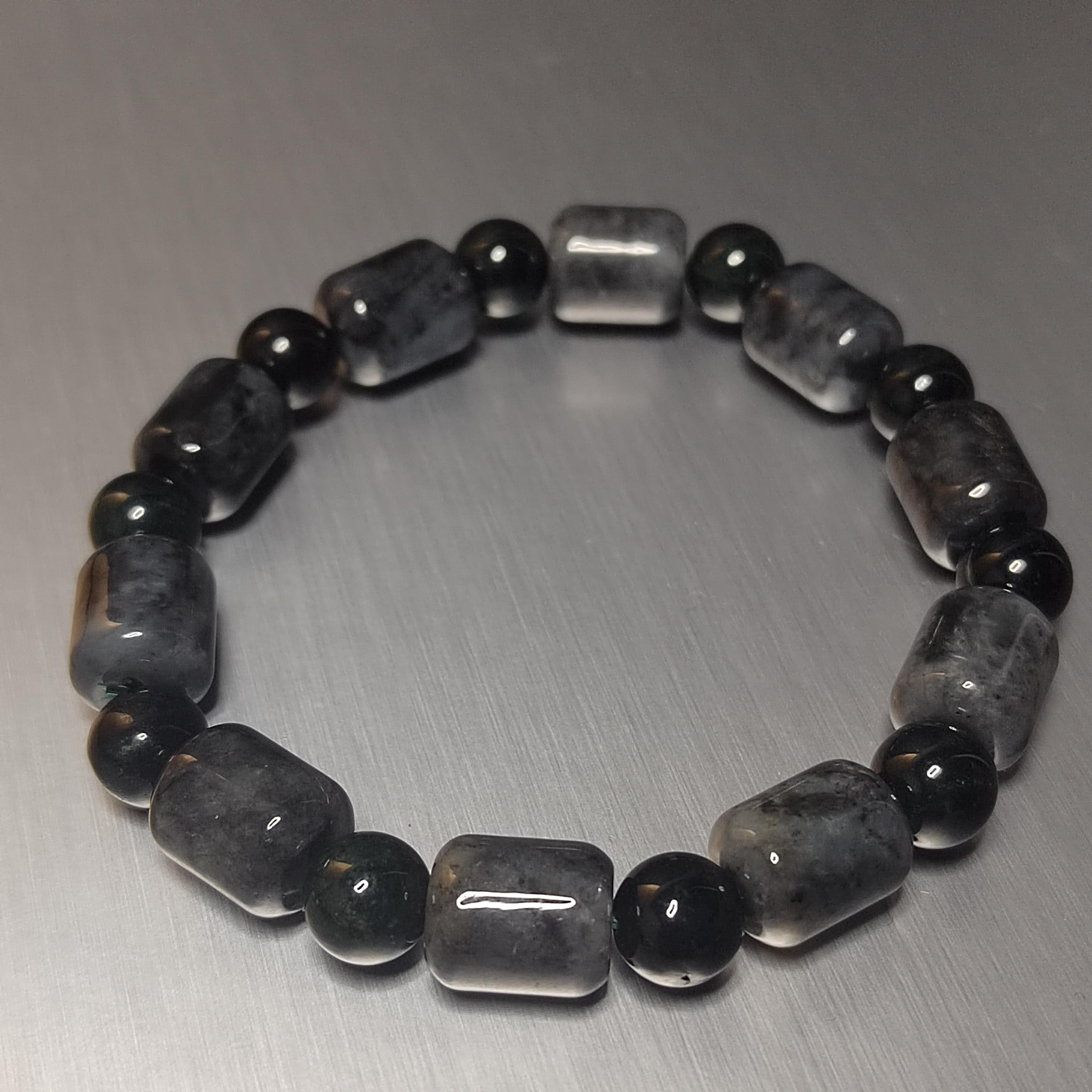 Natural Certified Burmese Cylinder Black/Grey Wuji & Round Bead Black Ink Jadeite Bracelet SL229 - SL Precious