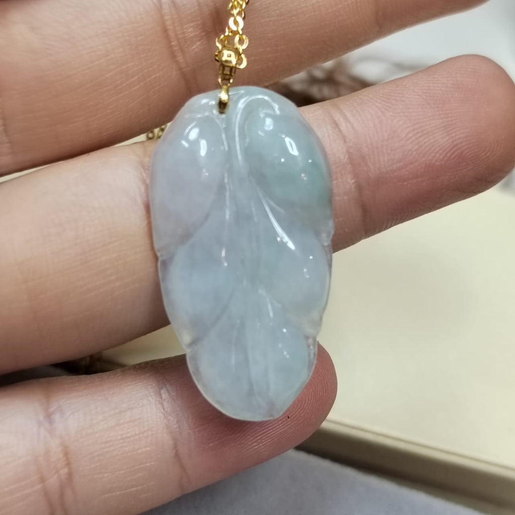 Certified Natural A-Grade Untreated Burmese Icy  Snow White| Green 雪花棉Leaf Jadeite Pendant | 18K Solid Gold Setting SL023 - SL Precious