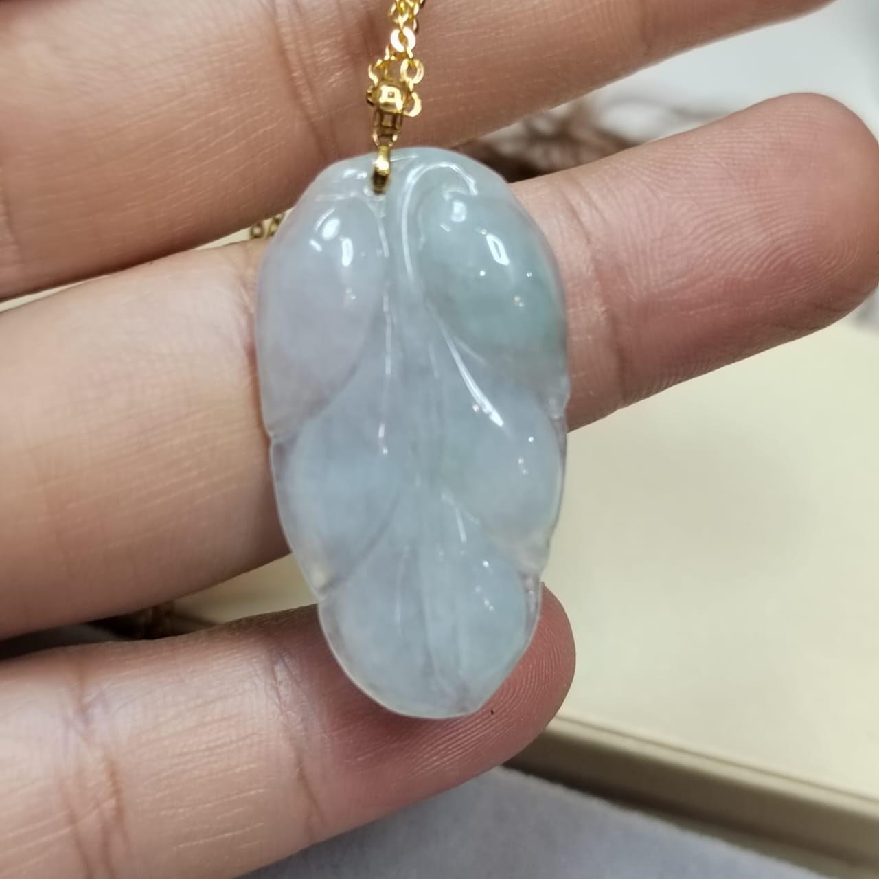 Certified Natural A-Grade Untreated Burmese Icy  Snow White| Green 雪花棉Leaf Jadeite Pendant | 18K Solid Gold Setting SL023 - SL Precious