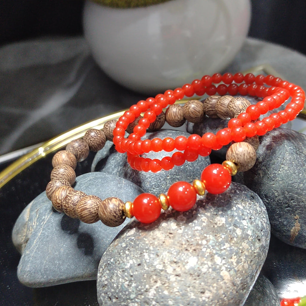Natural Yunna Baoshan Persimmon Icy Red Nanhong Agate| Natural Agarwood Bead Bracelet 2pcs Set Stacked Design SL393
