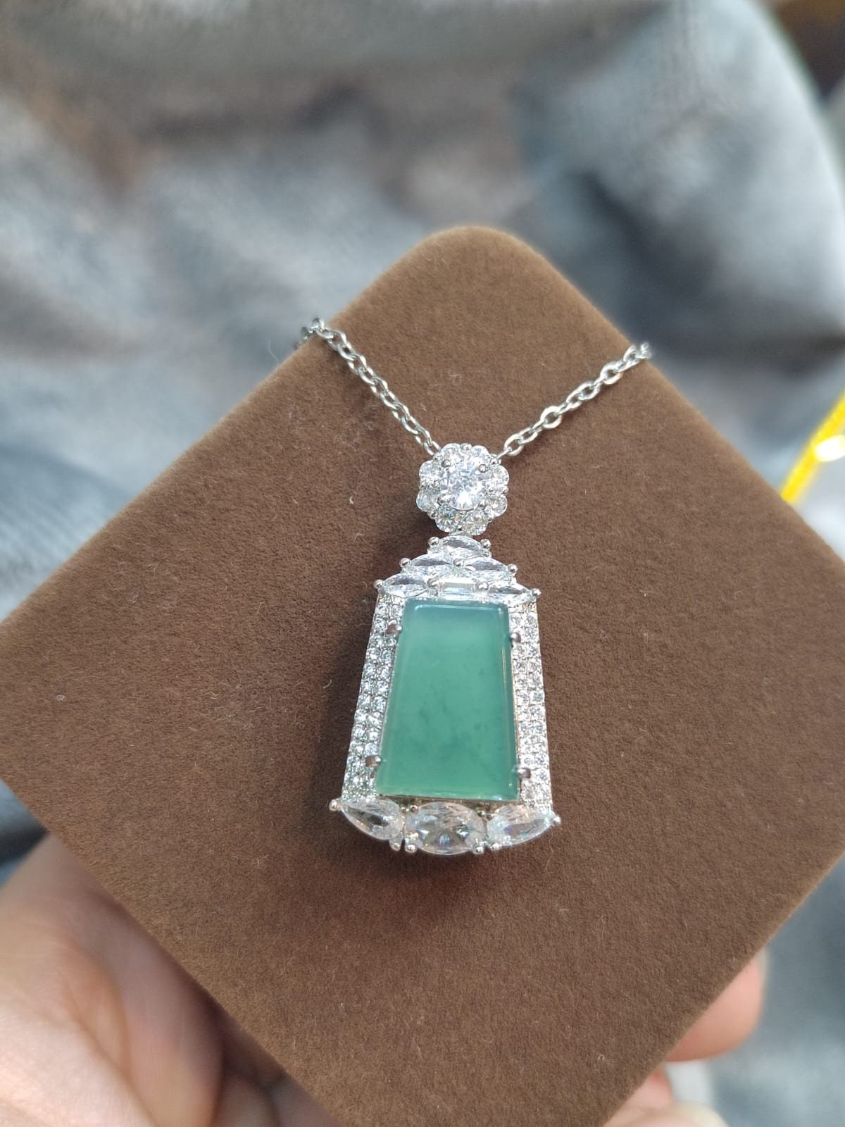 A-Grade Gemstone Elegant Guatemala Green Ocean Flat Cut Jade Pendant Necklace | Brass Plating & Zirconia | For Her SL8009