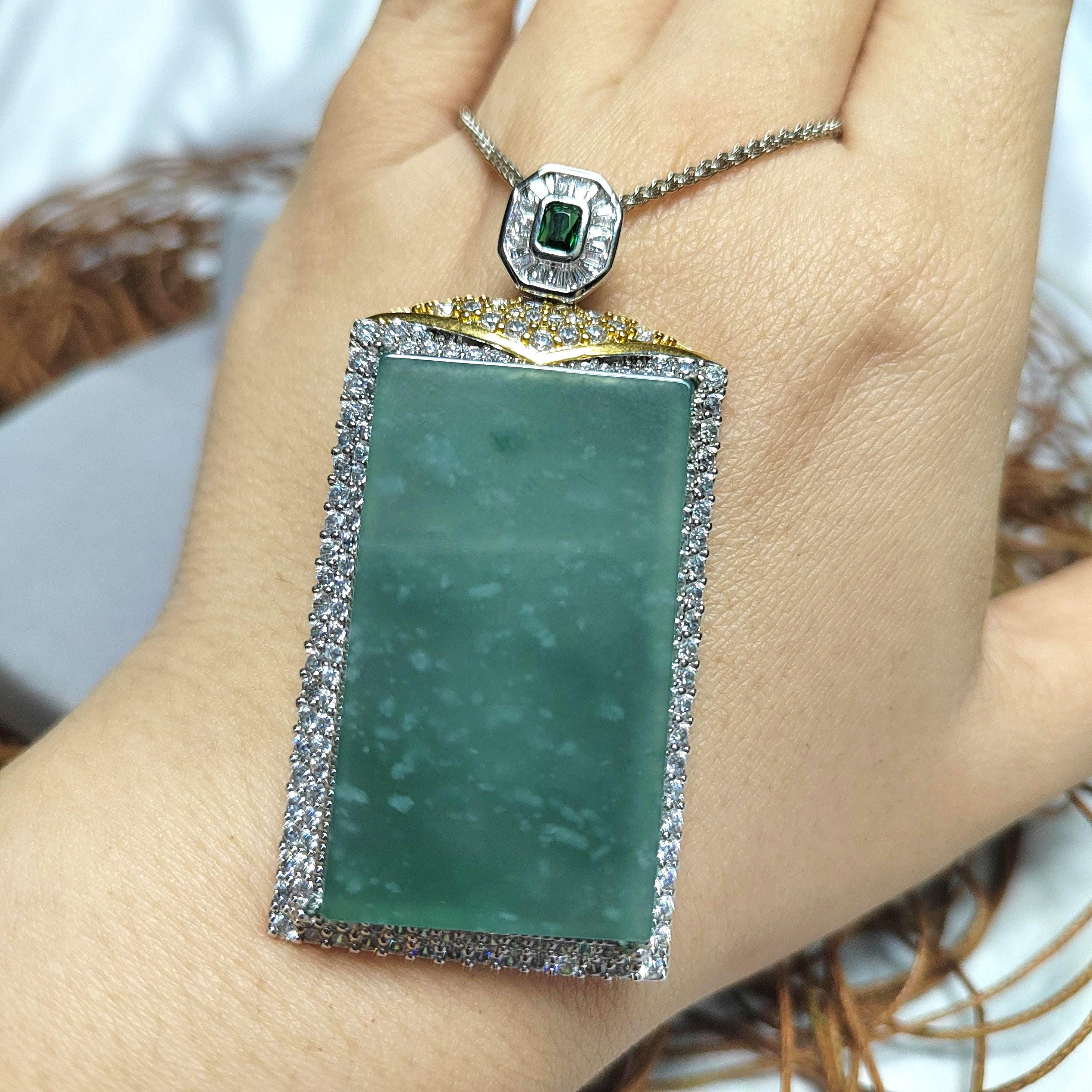 Elegant Guatemala Gemstone Pendant with Icy Snow Flower Blue/Green Jadeite - Unisex 18k Gold Plated Design SL119