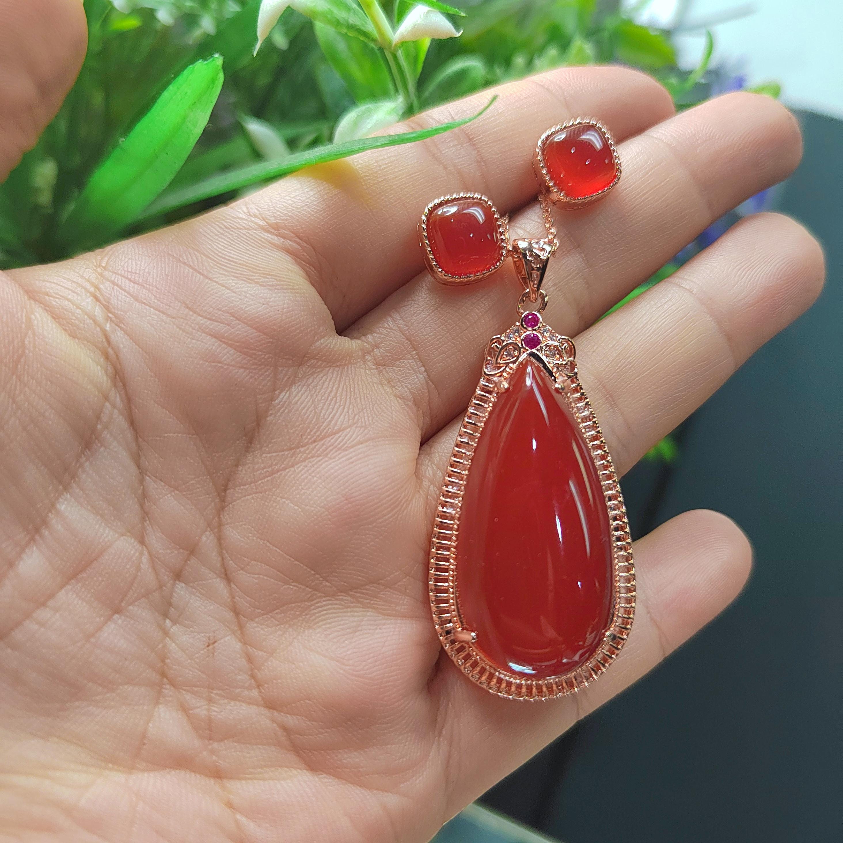 Certified A-Grade Natural Baoshan Nanhong Icy Red Agate Earrings & Large Pendant Set | Top-Quality Southern Red Agate Jewelry SL359