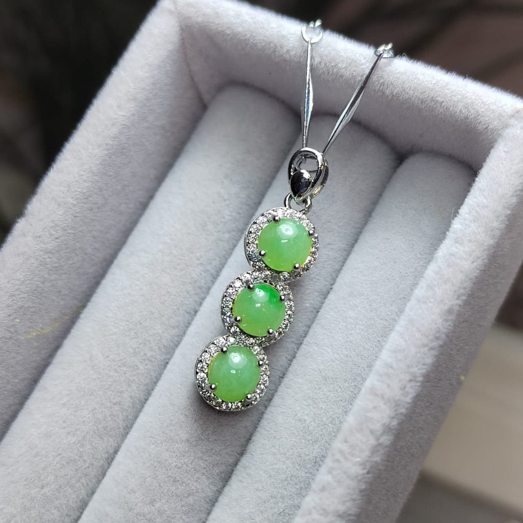 Burmese Jadeite Pendant on 925 Silver Chain - Glowing Trinity Design with Zirconia Accent SL038