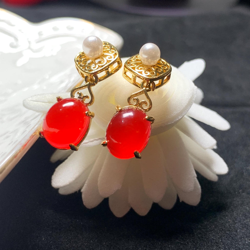 Certified Natural Untreated China Baoshan Southern Red Nanhong Agate S925 Silver Stud Earrings 中国古典风古法掐丝工艺镶嵌淡水珍珠原矿南红冰红耳饰 SL260X19