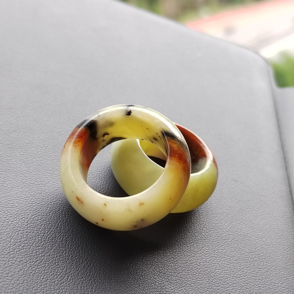 Natural China Xiuyu Jade Thumb Ring | Round Cut Oil Painting Design | Yellow Brown | Two Designs SL302 SL303 SL Precious