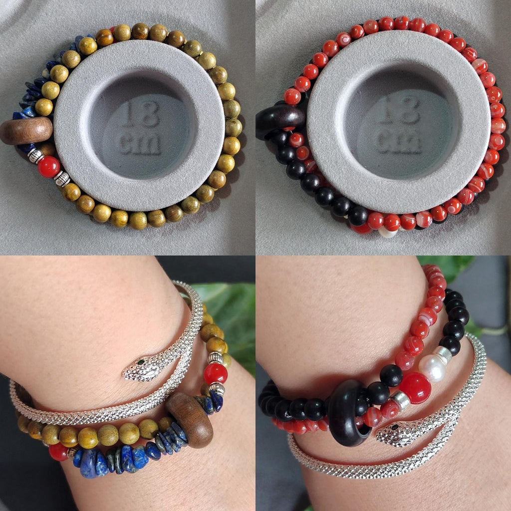 Handmade Stacking Bracelet Set | Ebony, Sandalwood, Pearl & Lapis with Natural Agate Beads | SL404
