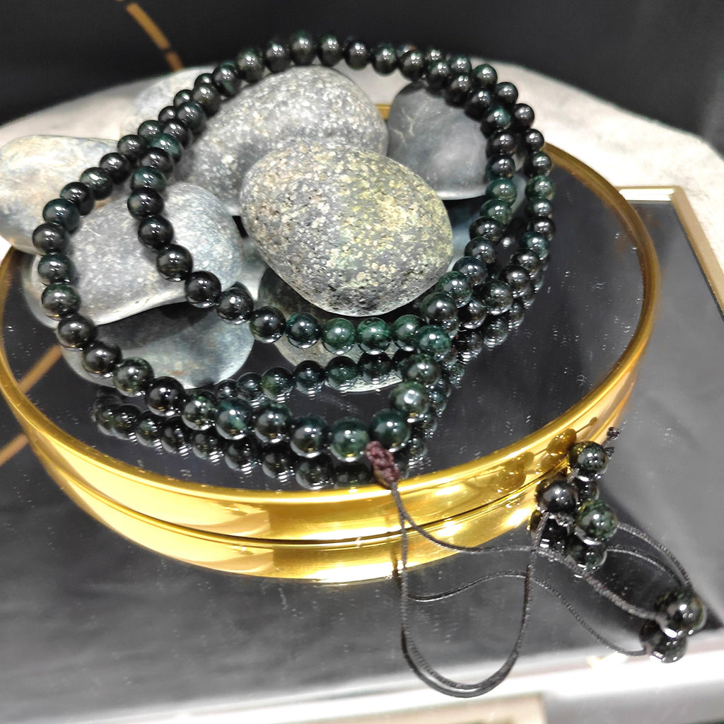 Burmese Black Ink Jadeite Bead Necklace: Natural A-Grade, 8mm FREE 10mm Bead Bracelet SL361NB