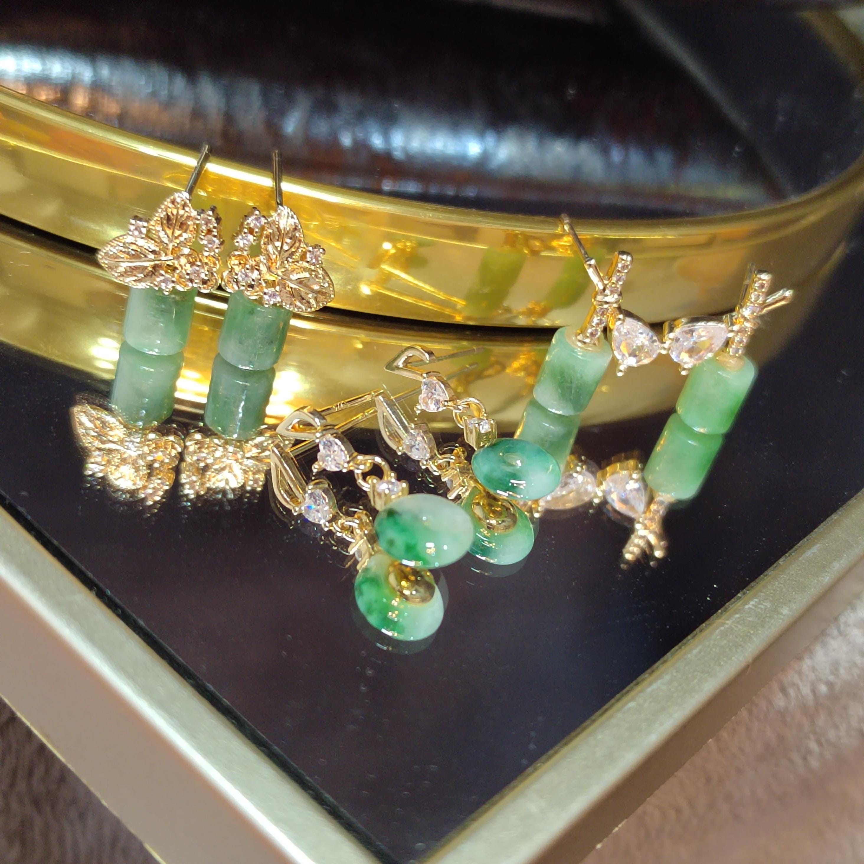 Certified A-Grade Natural Untreated Burmese Icy Floral Green Elegant Minimalist Jadeite Earrings SL178 SL184 SL195