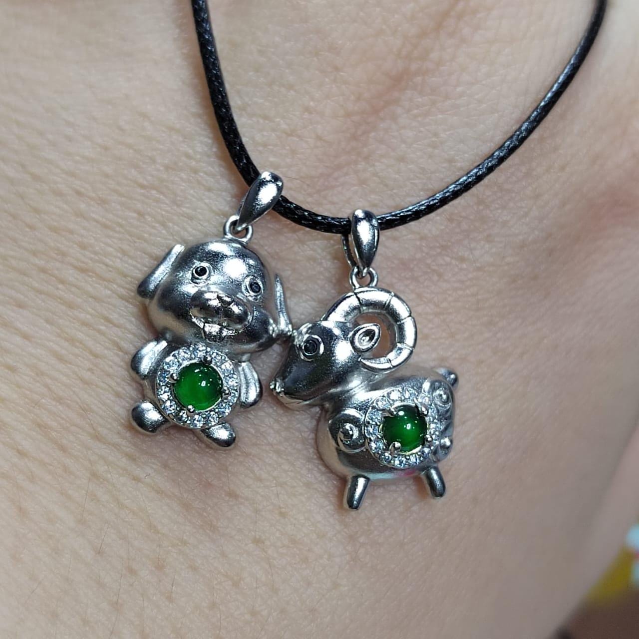 Burmese Imperial Green Jadeite with Zircon On S925 Silver Pendant Pig & Lamb Shape Free Necklace SL137N, SL138N