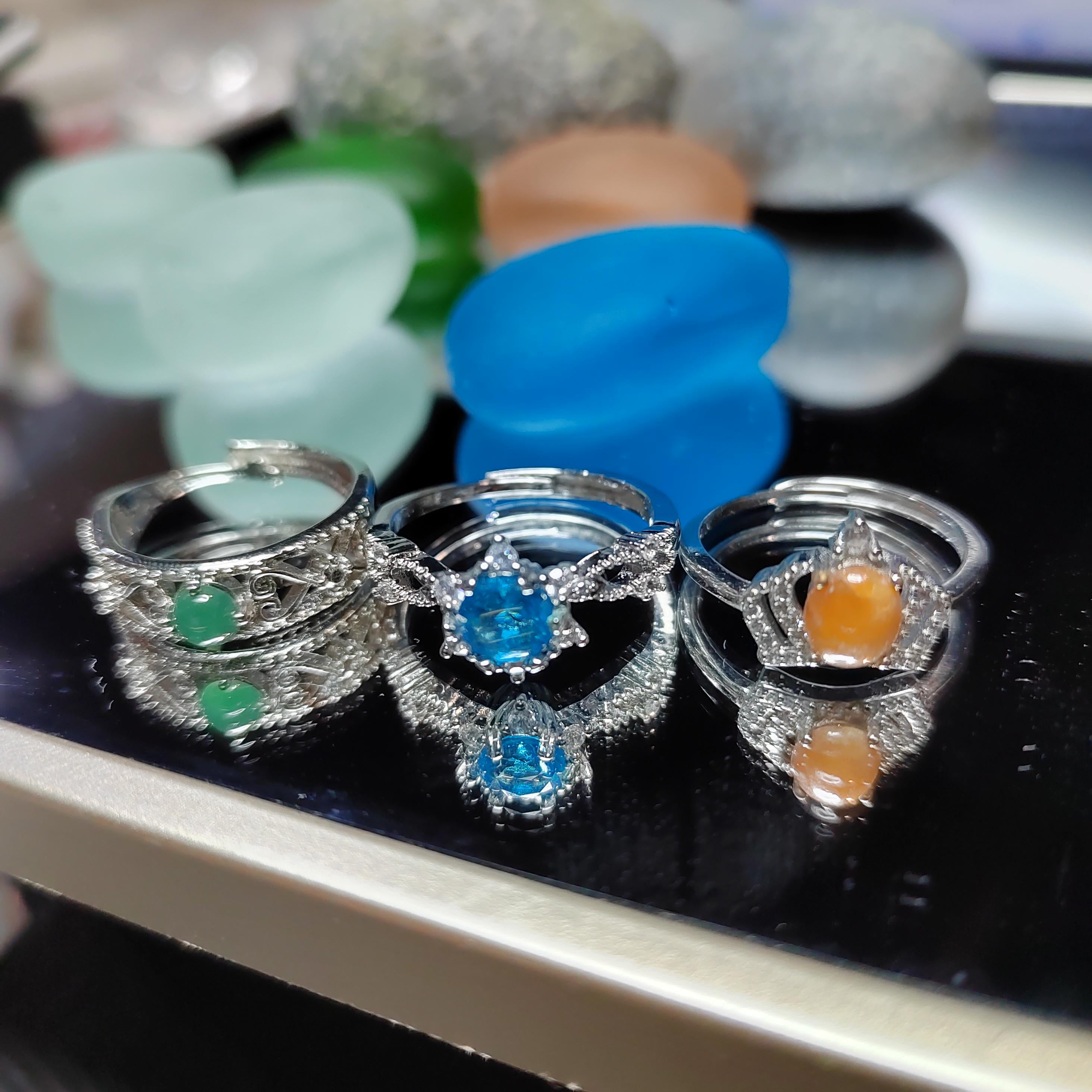 Natural Jadeite & Light Blue Topaz Ring Set | Yellow, Green, Sky Blue Stones | Gold Plated Brass | Gift Ready SL410 - SL Precious