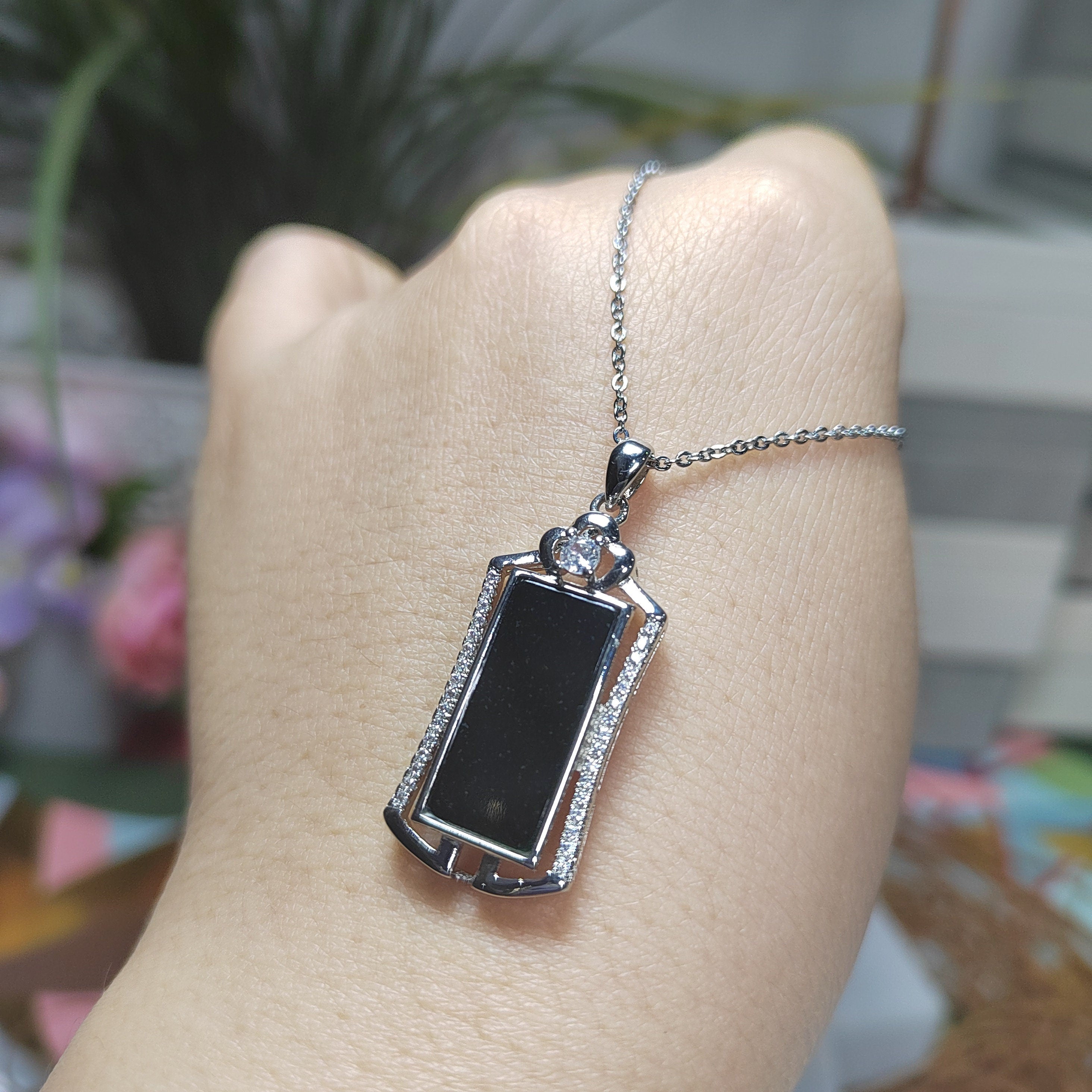 Burmese Natural Untreated Black Ink Jadeite Unisex Design Necklace SL073