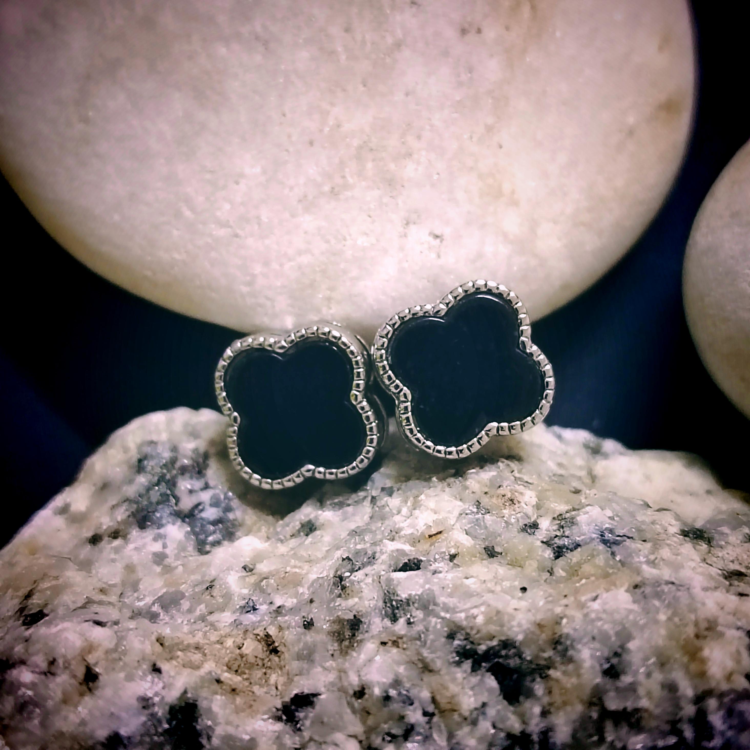 Certified A-Grade Minimalist Natural Untreated Burmese Black Ink Jadeite S925 Lucky Flower  Stud Earrings Jadeite SL257X16 - SL Precious
