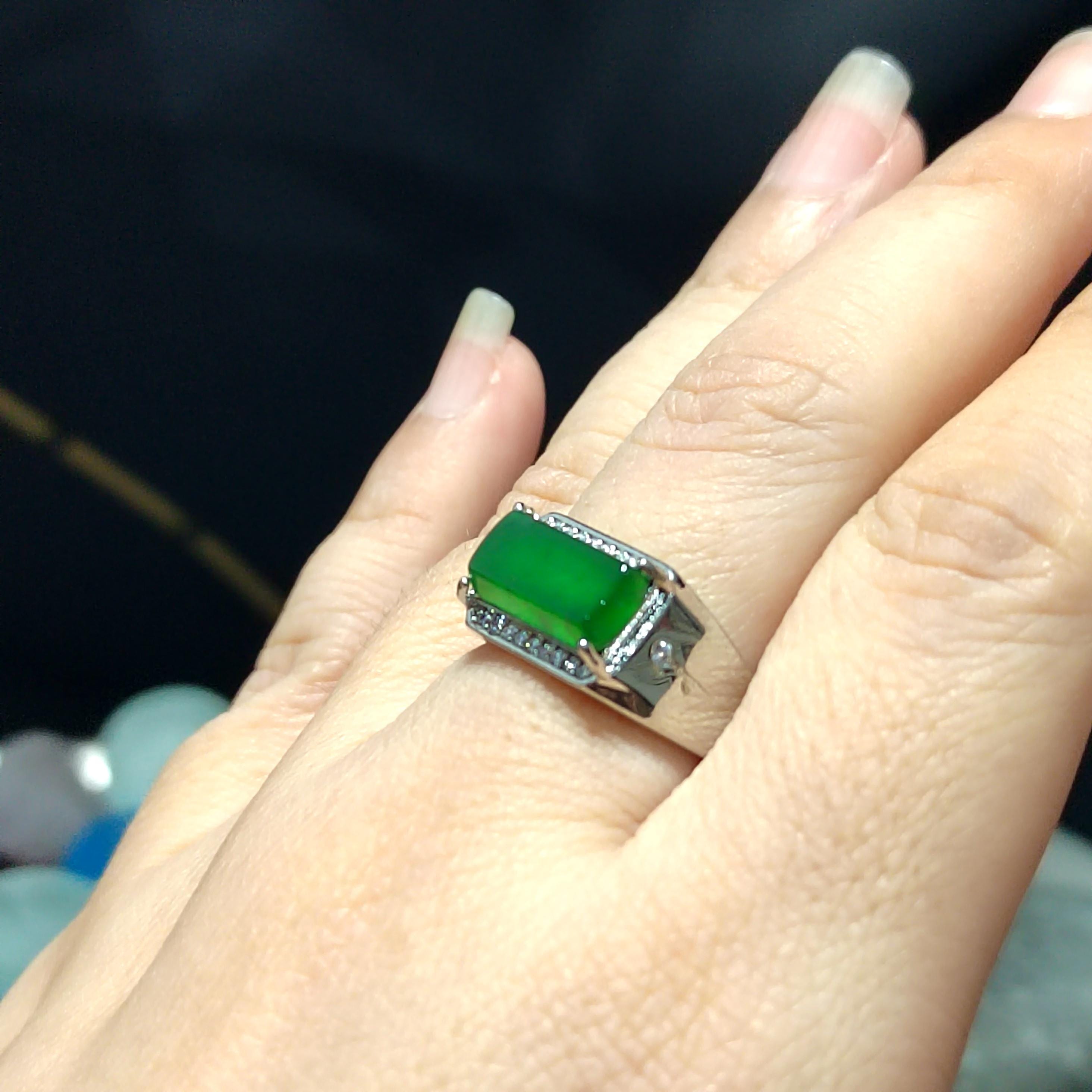 Certified A-Grade Natural Untreated Guatemala Imperial Green Men Ring S925 Sterling Silver Zircon Set SL374