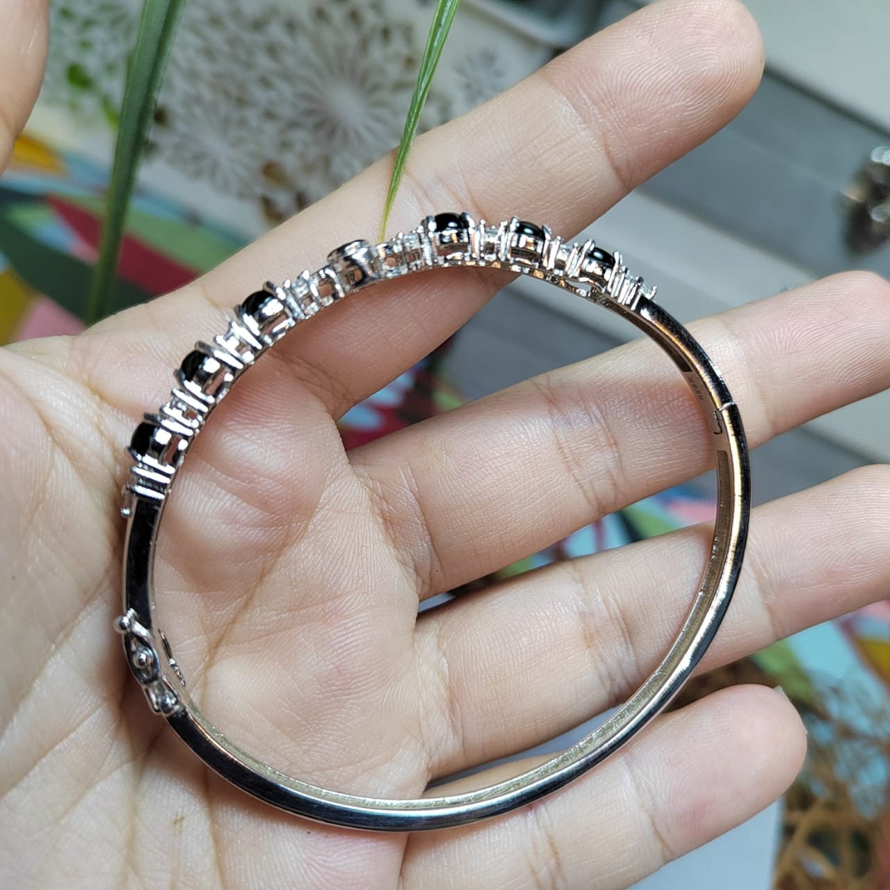 6 Spherical Dark Green Guatemala Jadeite & Zirconia Bangle | 925 Silver | Elegant Design SL037
