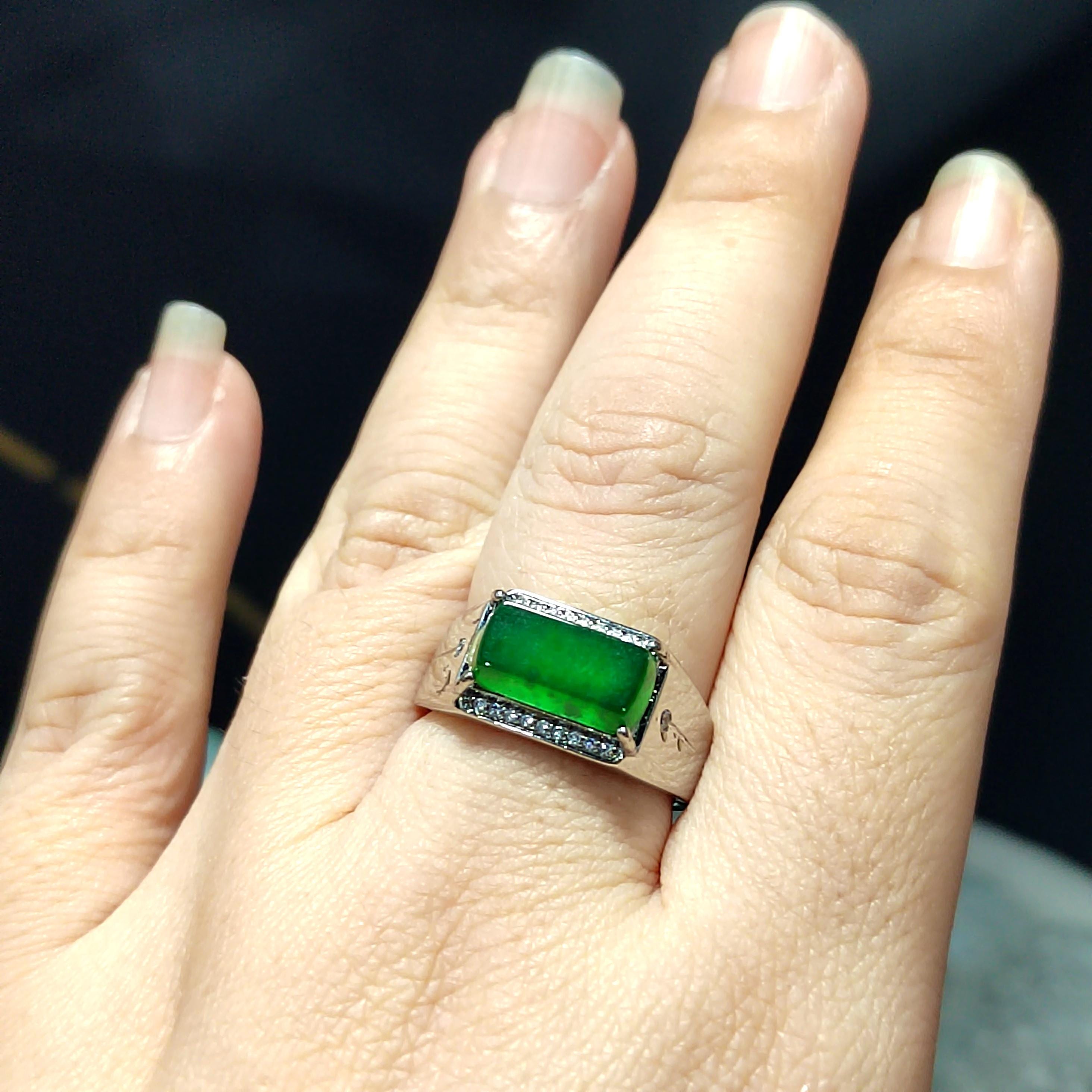 Certified A-Grade Natural Untreated Guatemala Imperial Green Men Ring S925 Sterling Silver Zircon Set SL374