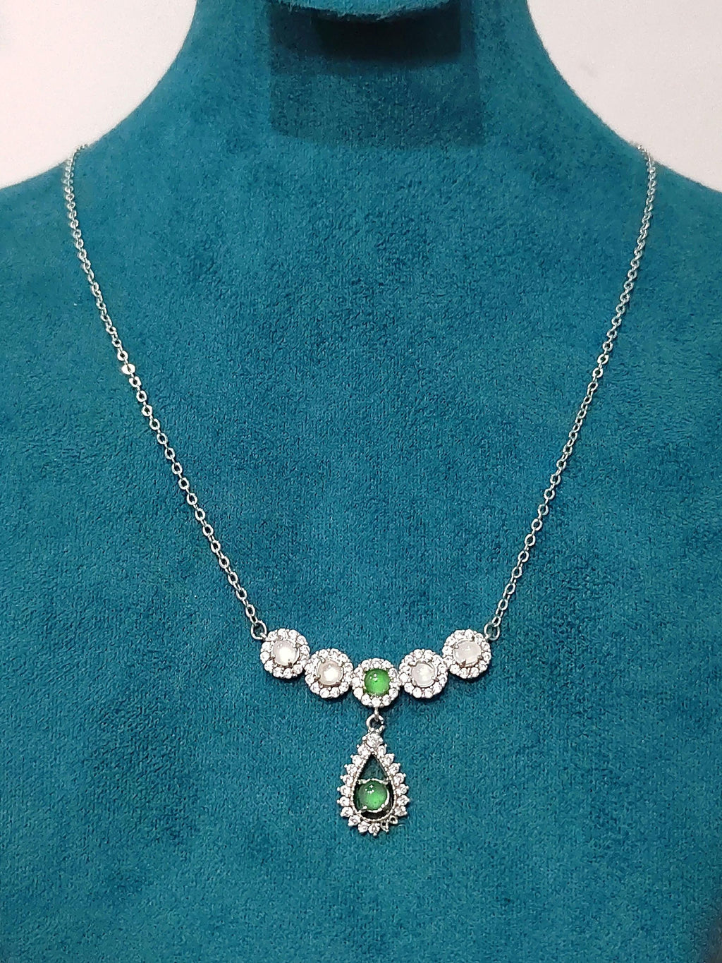 Natural Untreated A-Grade Icy White Apple Green Jadeite V-Neck Necklace | Zircon Accents SL011 - SL Precious