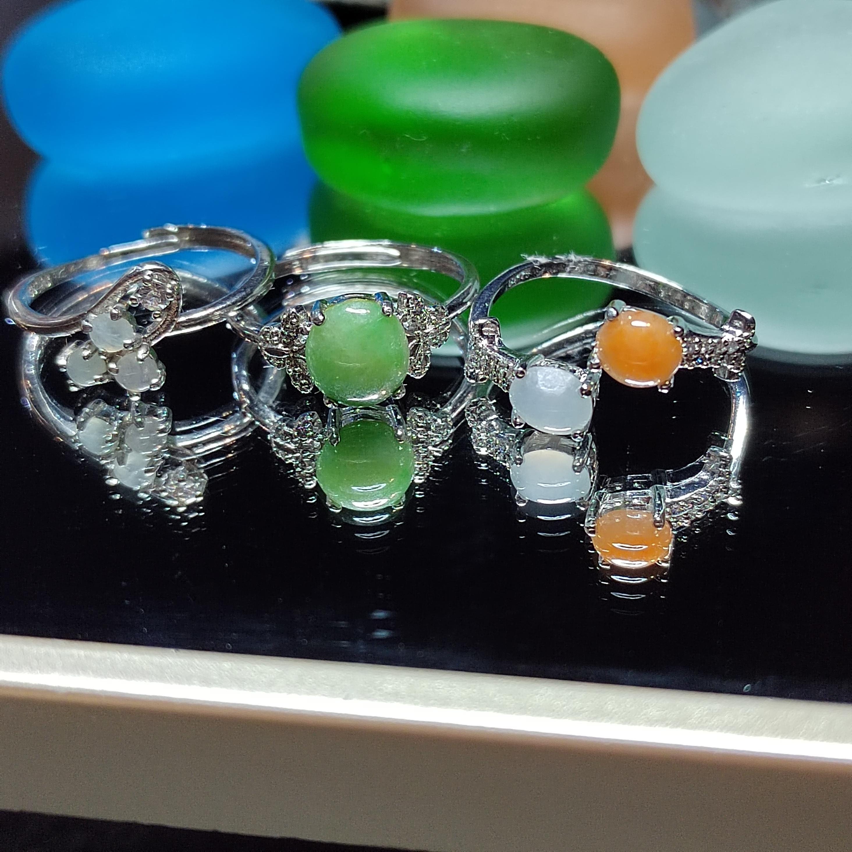 3pcs Set Natural Untreated Burmese Jadeite Rings | Imperial Green Orange Icy White | S925 Silver | Free Shipping SL407