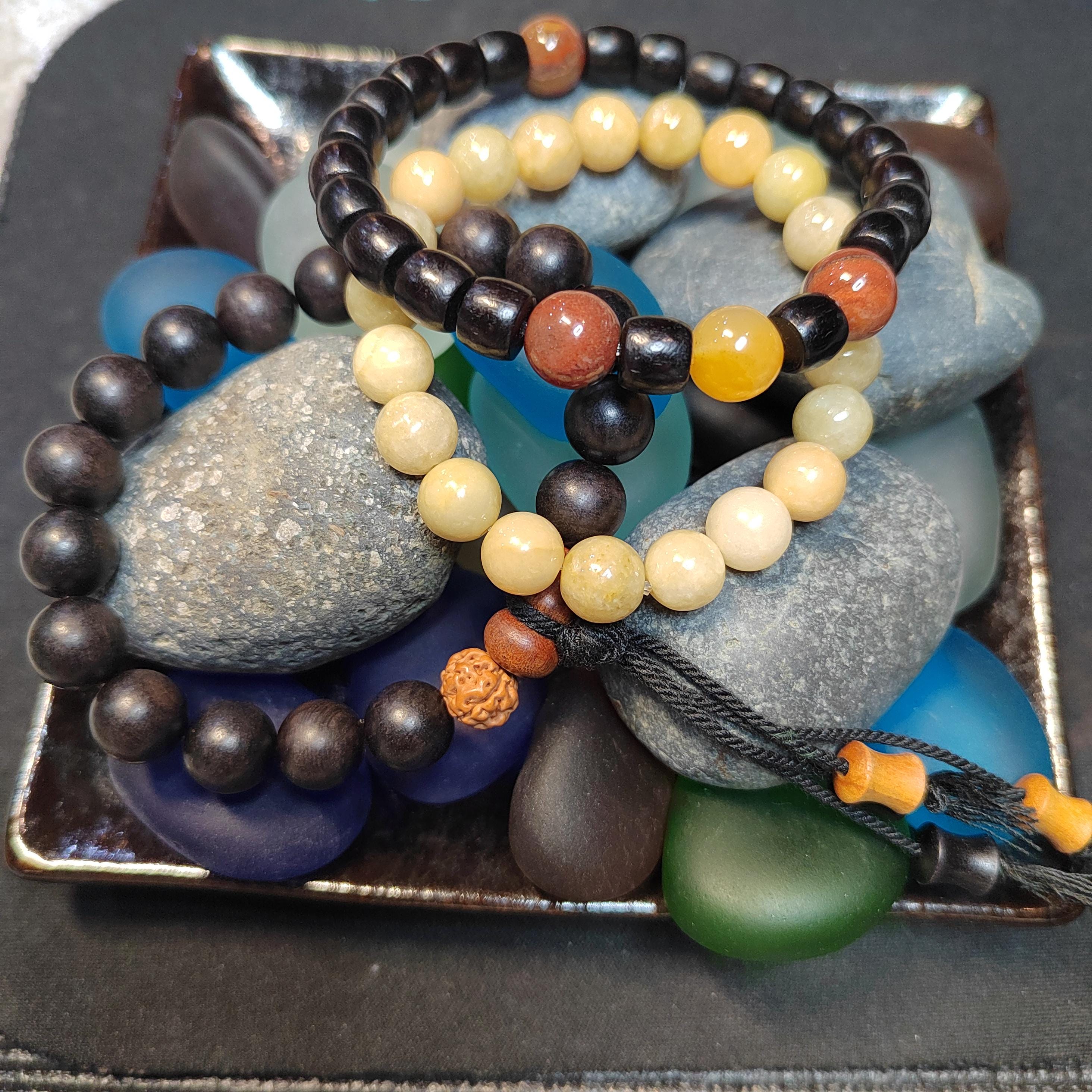 Burmese Yellow Jadeite Bracelet Set: HuangLong Jade & Ebony Wood SL423
