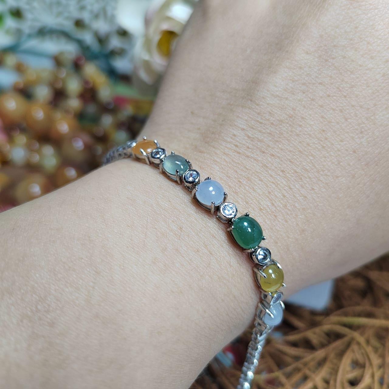 Burmese Gemstone Lucky Color Natural Jadeite Bracelet & Ring Set 925 Silver Plated with 18K White Gold Zircon Accent For Her Minimalist SL08