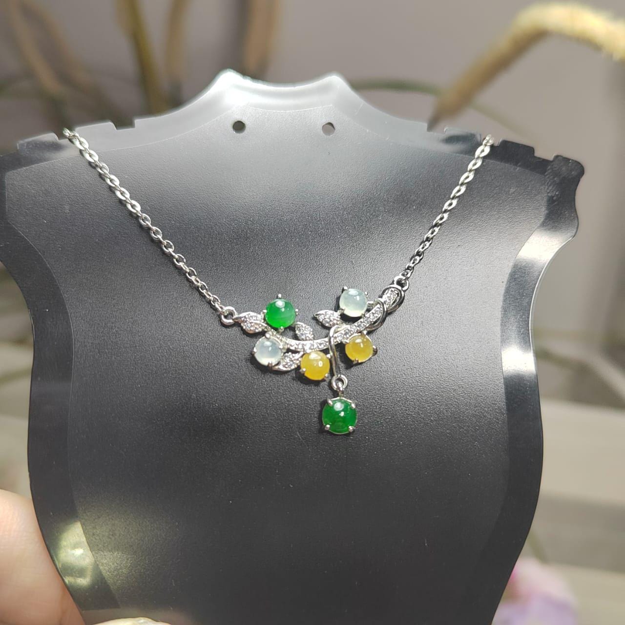 3 Colors Women Burmese Icy White, Yellow, Imperial Green Jadeite Necklace with Zircon Accent 925 Silver Plated with 18K White Gold SL082