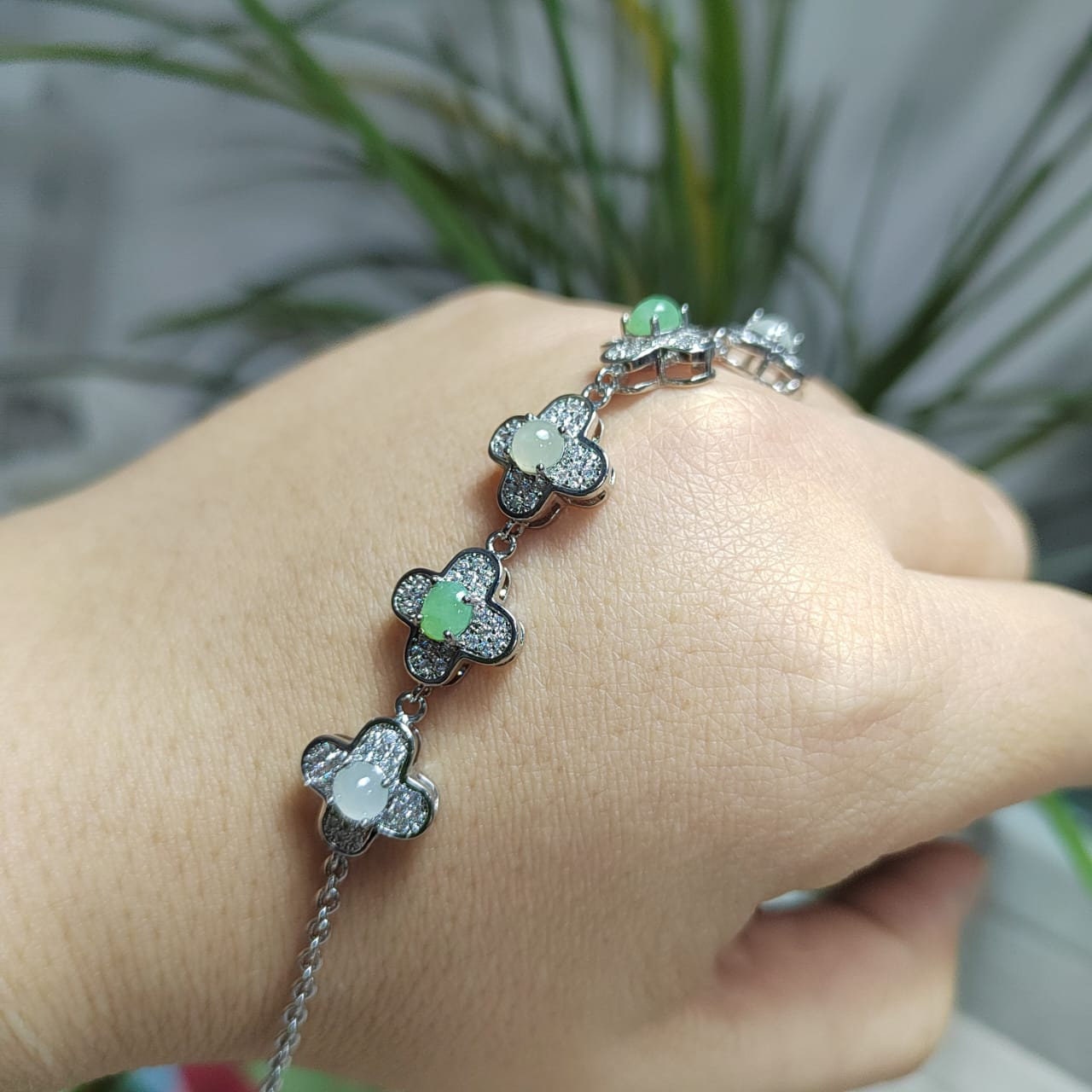 Certified A-Grade Lucky Flower Burmese Gemstone White/Apple Green Jadeite with Zirconia S925 Silver Bracelet | For Her Gifts,Occasions SL032