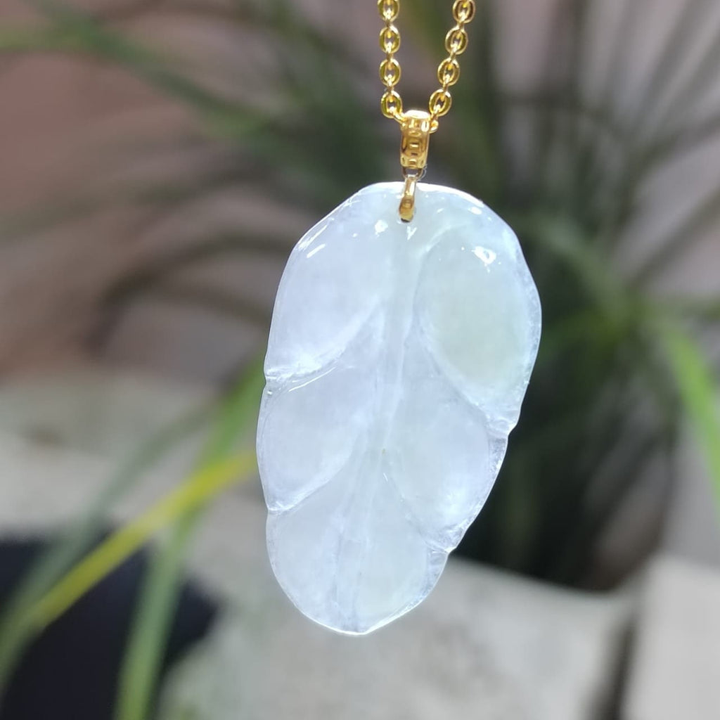 Certified Burmese A-Grade Icy Snow|雪花棉 Leaf Cloud Beautiful Jadeite Pendant 18k Solid Yellow Gold Best Gift For Her, Mom, Wife SL802 - SL Precious