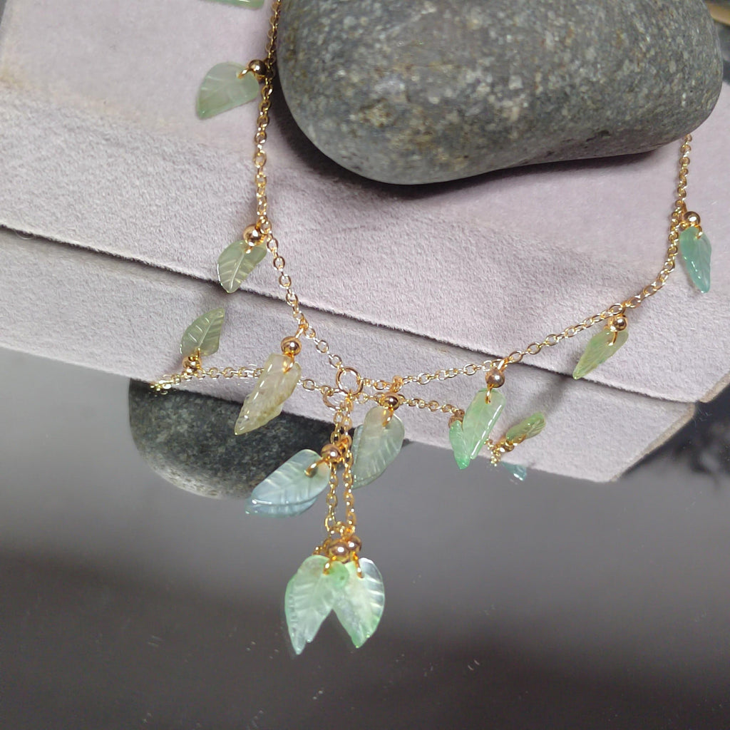 Certified A-Grade Natural Untreated Burmese Leaf Carved 14k GF Set V Shape Drop Design Necklaces | Any Occasion | For Her SL291