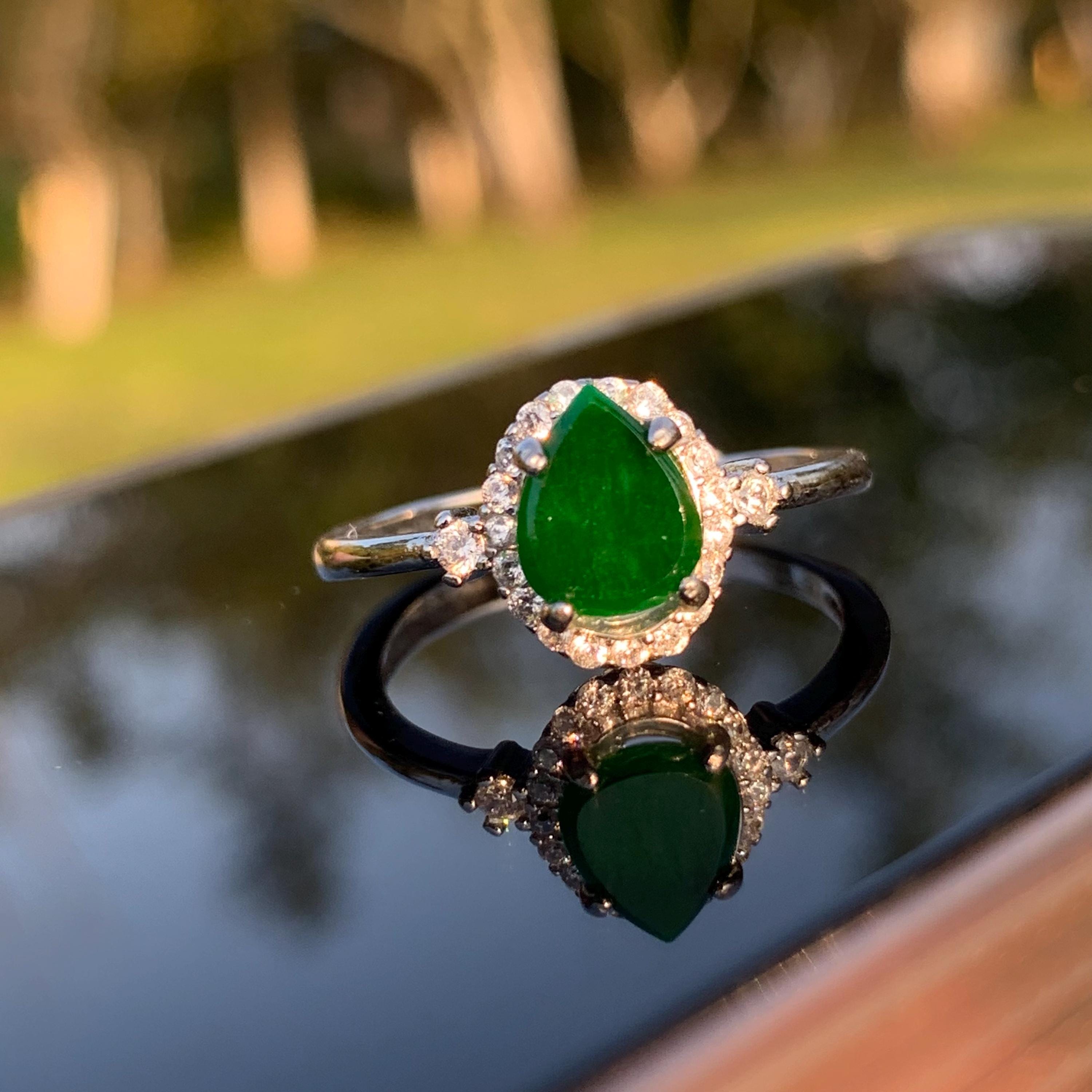 Certified A-Grade Natural Untreated Burmese Elegant Tear Drops Imperial Green With Zircon Set S925 Sterling Silver Jadeite Ring SL243X2 - SL Precious