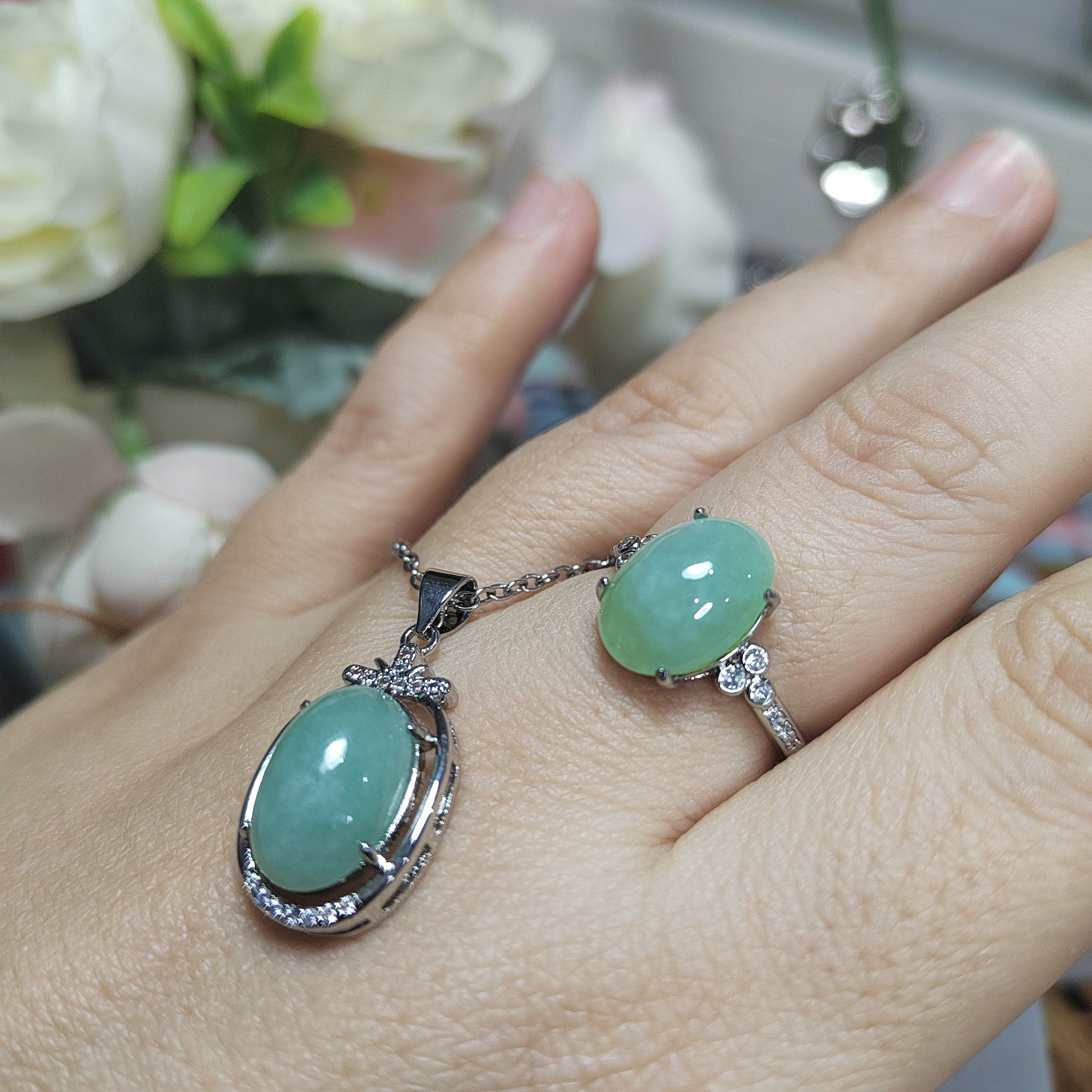 Burmese Natural Gemstone Untreated Light Apple Green Pendant and Ring 2pcs Set Jewellery For Her Minimalist Design SL070