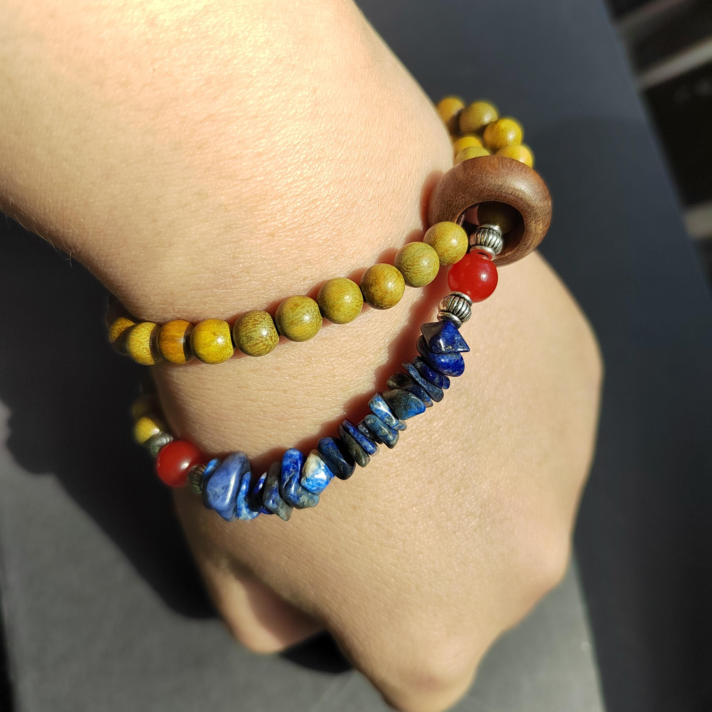 Handmade Stacking Bracelet Set | Ebony, Sandalwood, Pearl & Lapis with Natural Agate Beads | SL404