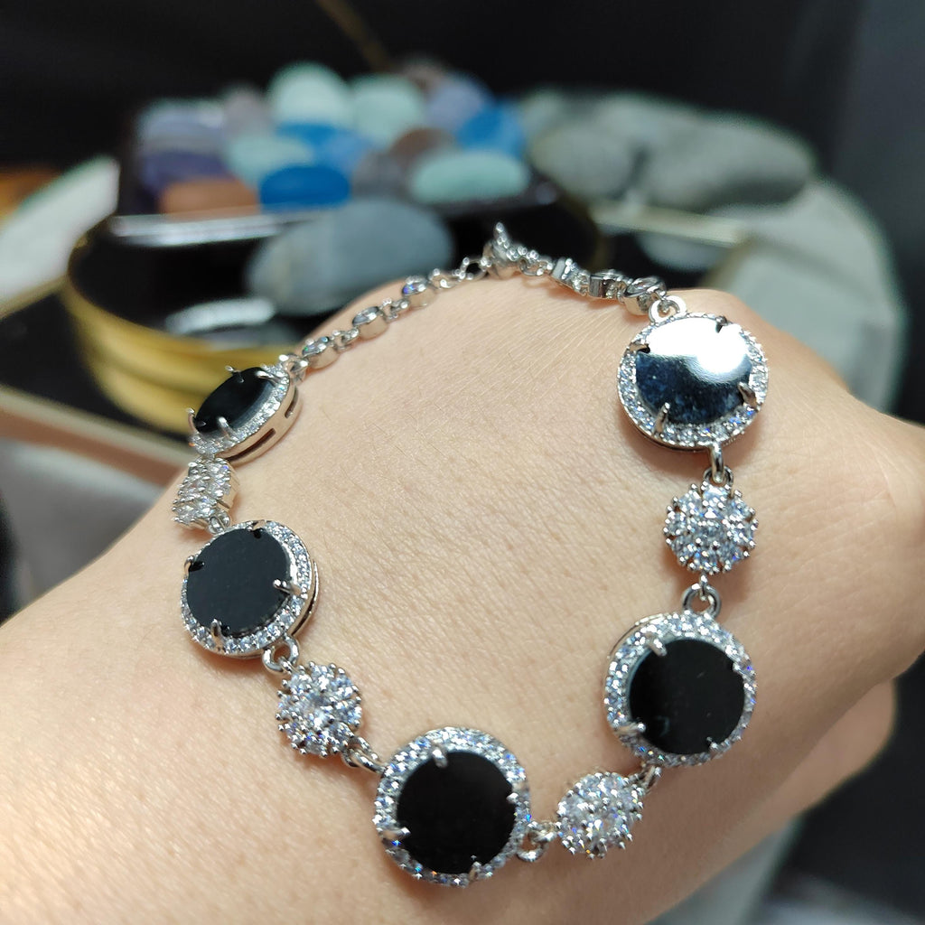 Certified Unique Natural Untreated Burmese Black Ink Jadeite Bracelet Full with Zircon Stone Set SL373