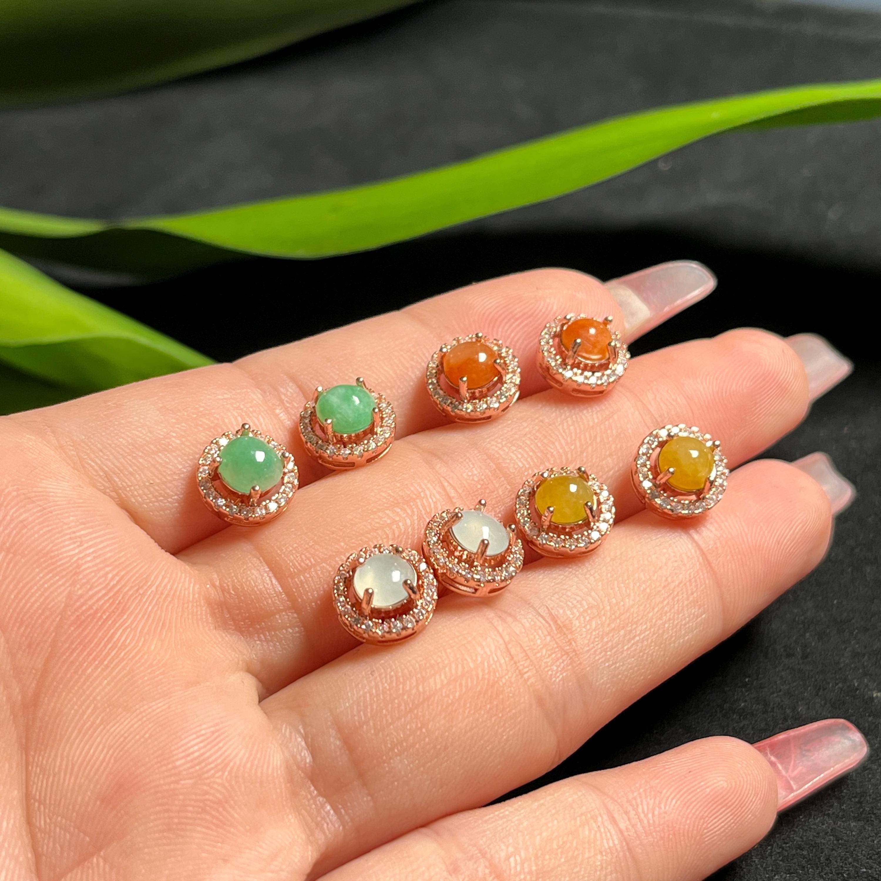 Certified Burmese A-Grade 4 Colors Icy White| Yellow| Apple Green| Red Jadeite Earrings 18k Rose Gold Plated on S925 Sterling Silver SL348 - SL Precious