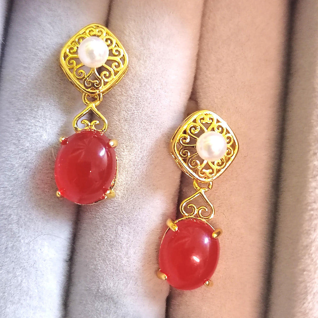 Certified Natural Untreated China Baoshan Southern Red Nanhong Agate S925 Silver Stud Earrings 中国古典风古法掐丝工艺镶嵌淡水珍珠原矿南红冰红耳饰 SL260X19