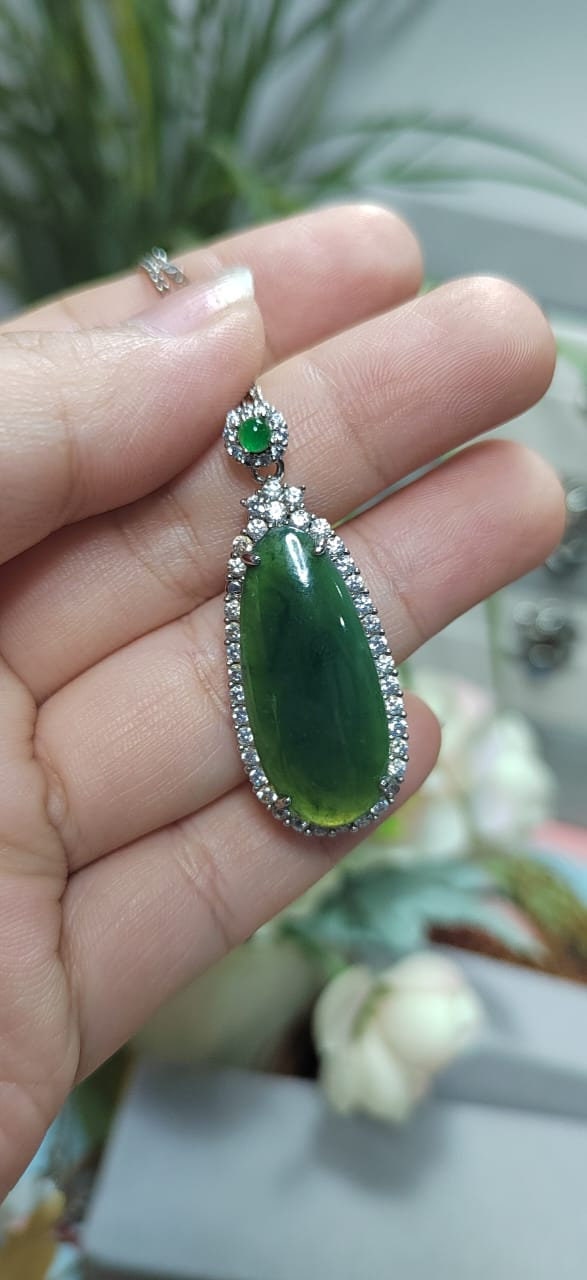Certified Natural Burmese Apple Green Jadeite Teardrop Necklace | 18K White Gold SL063 - SL Precious