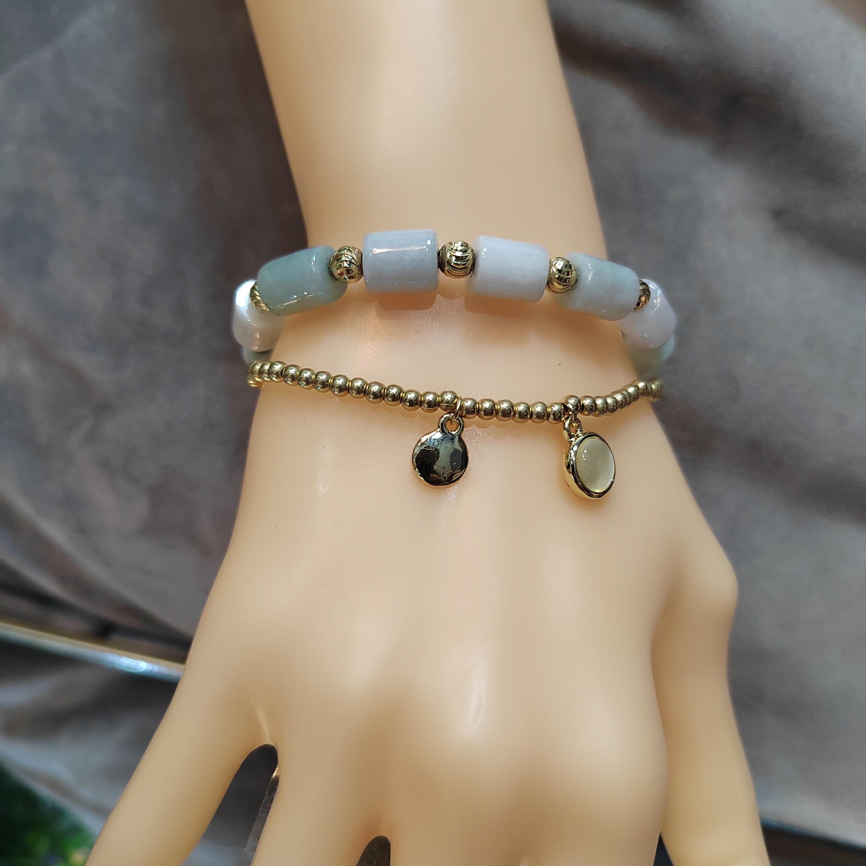Burmese Natural Untreated Cylinder Beads Jadeite With Gold Plated Bead Bracelet Double Layer Fashion SL161