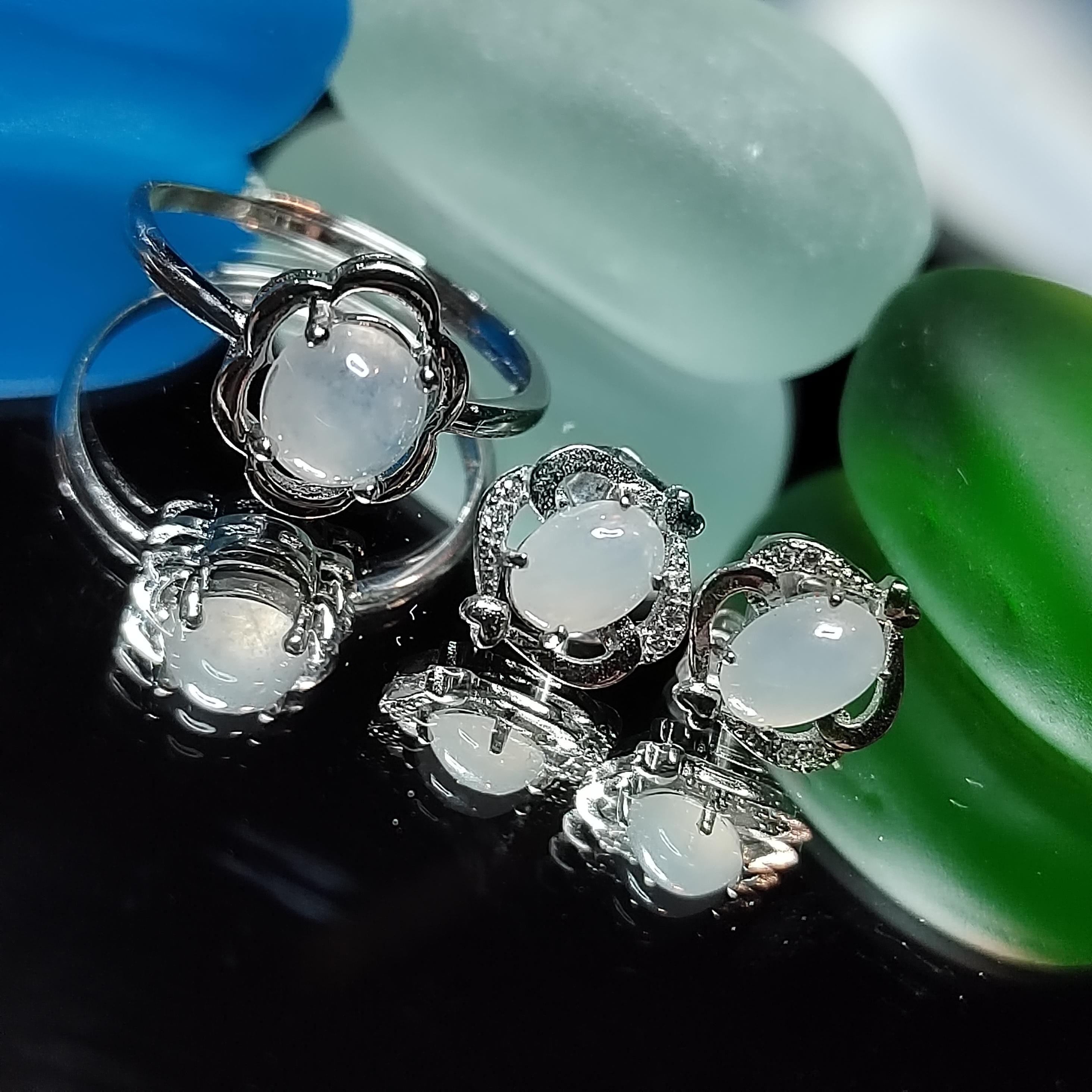 Minimalist Natural Burmese Icy White Jadeite Ring & Earrings | S925 Sterling Silver | Pure Type A Jade Set SL412 - SL Precious