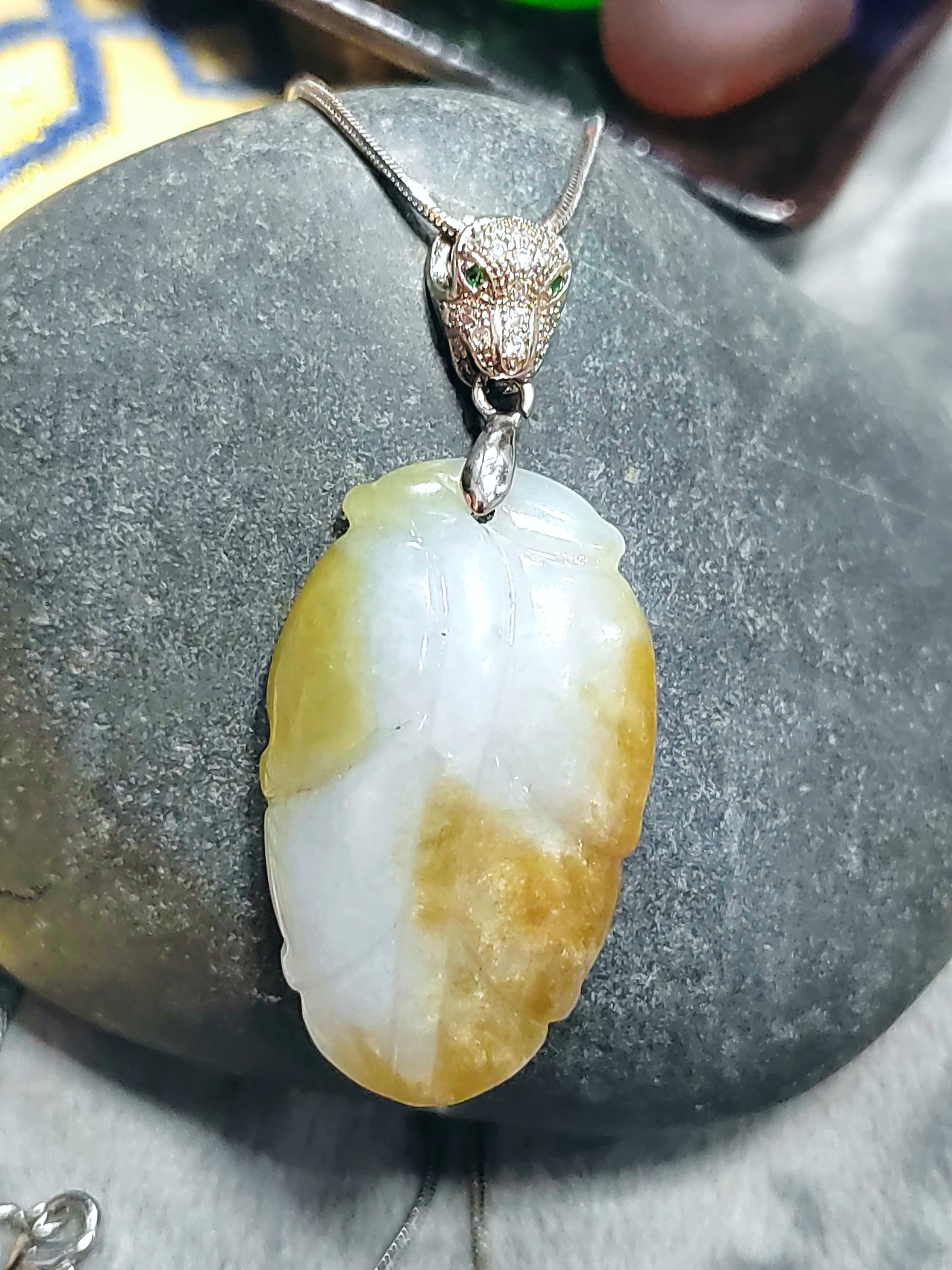 Luxurious Yellow Jadeite Leaf Pendant - Exquisite Panther Bail, 925 Sterling Silver Plated with 18K White Gold SL8000 - SL Precious