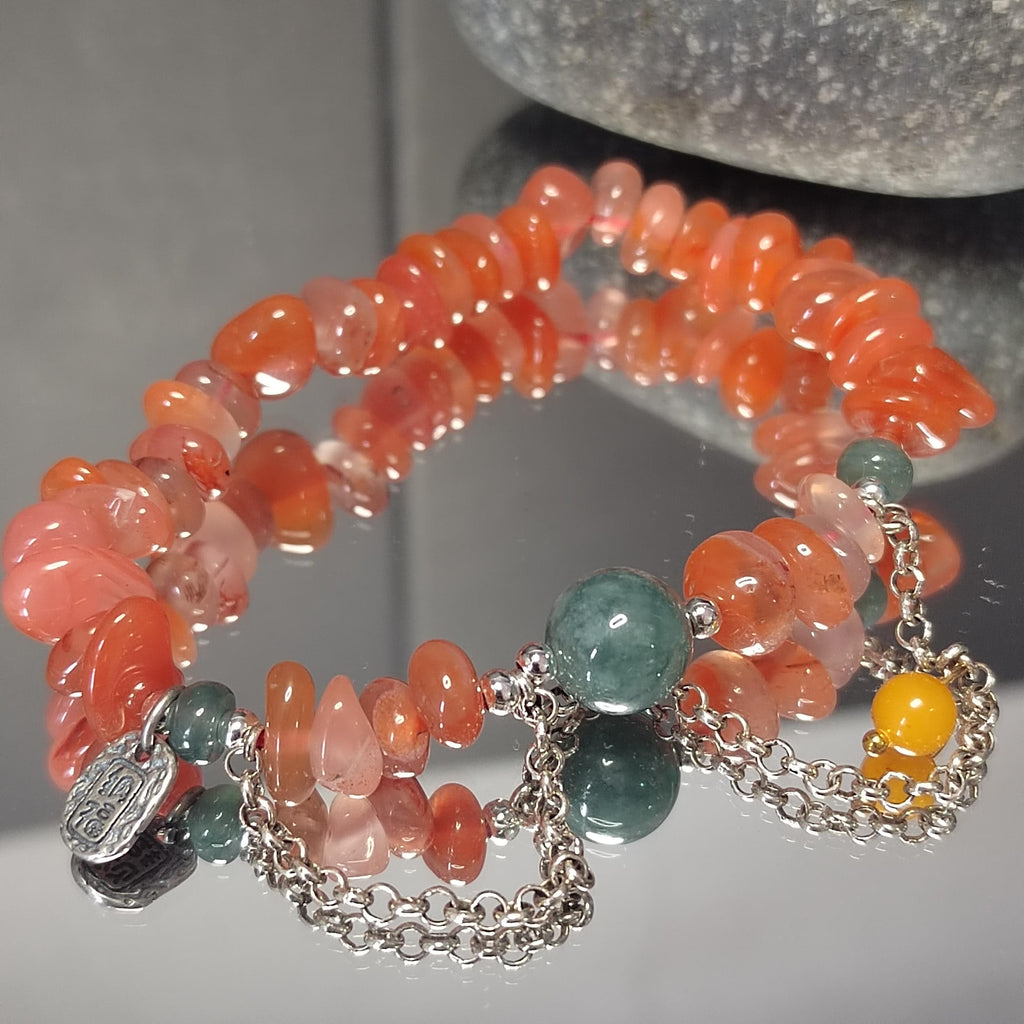 Natural Handmade China Icy Uneven Cut Orange Red Nanhong Agate, Beeswax Amber & Burmese Jadeite Bead Bracelet Jewelry SL326