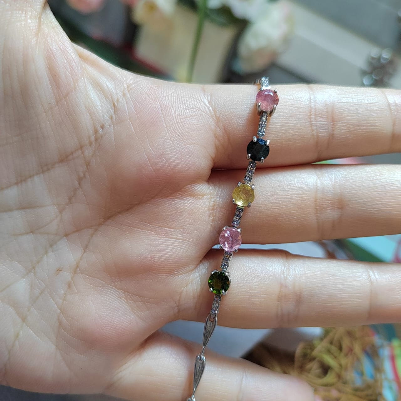 Beautiful 4 Colors Tourmaline Beads with Zirconia Accents S925 Silver Bracelet Minimalist For Her SL050