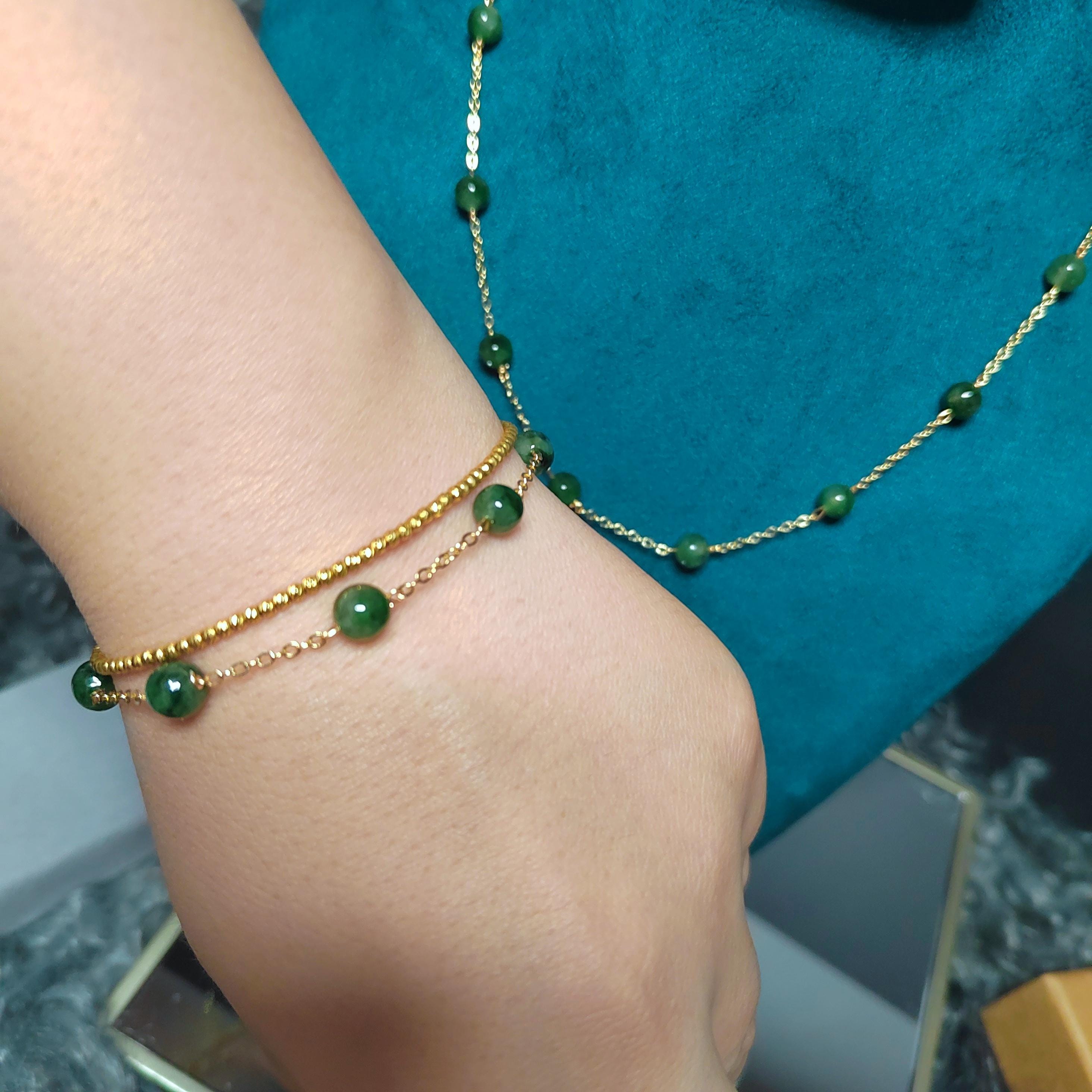 Certified 2pcs Set A-Grade Natural Untreated Burmese Minimalist Imperial Green Jadeite Simple Design Bracelet & Necklace For Her Gifts SL293