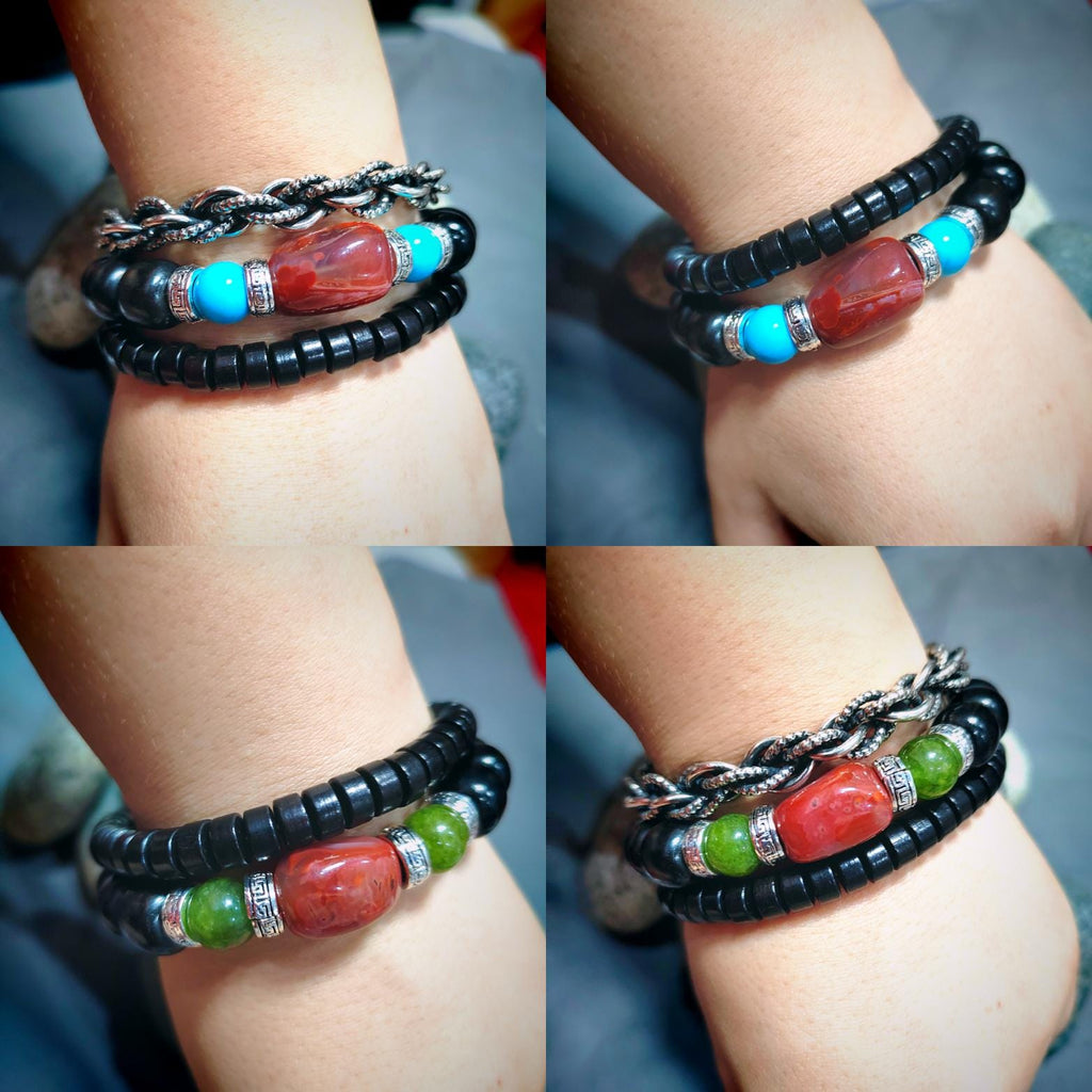 Handmade Ebony Wood Bead Bracelet Set |Unisex Jewelry with Silver and Natural Nanhong Tourmaline| Turquoise Accents SL388