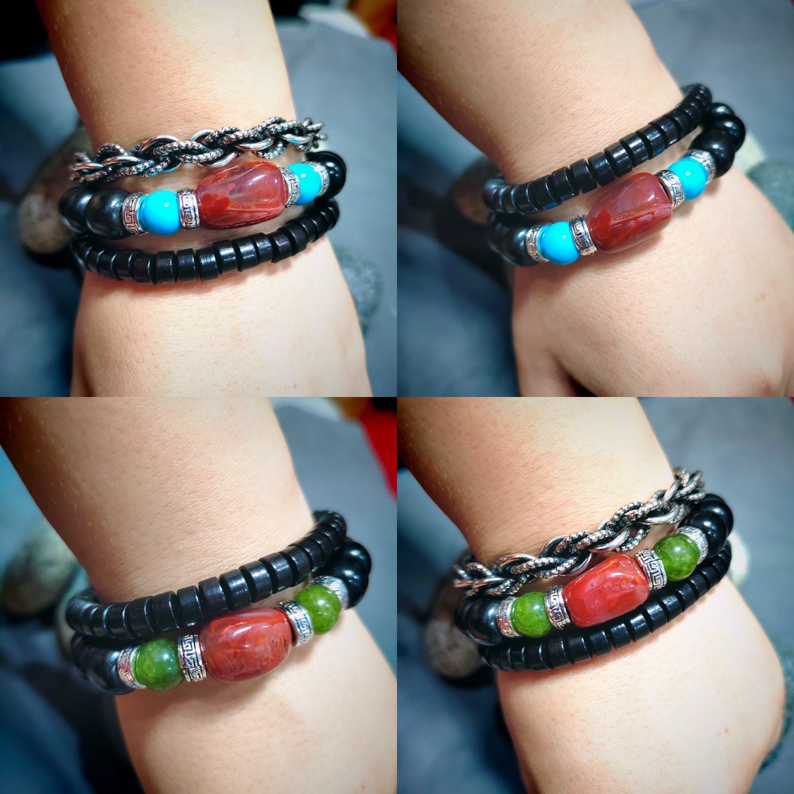 Handmade Ebony Wood Bead Bracelet Set |Unisex Jewelry with Silver and Natural Nanhong Tourmaline| Turquoise Accents SL388