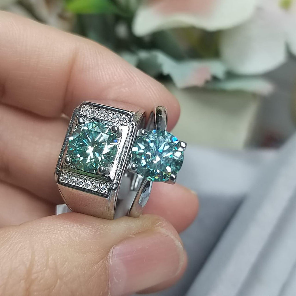 Light Blue Moissanite with Zircon Accent Couple Rings Set S925 Silver Plated with 18K White Gold for Wedding, Anniversary, Engagement SL081 - SL Precious