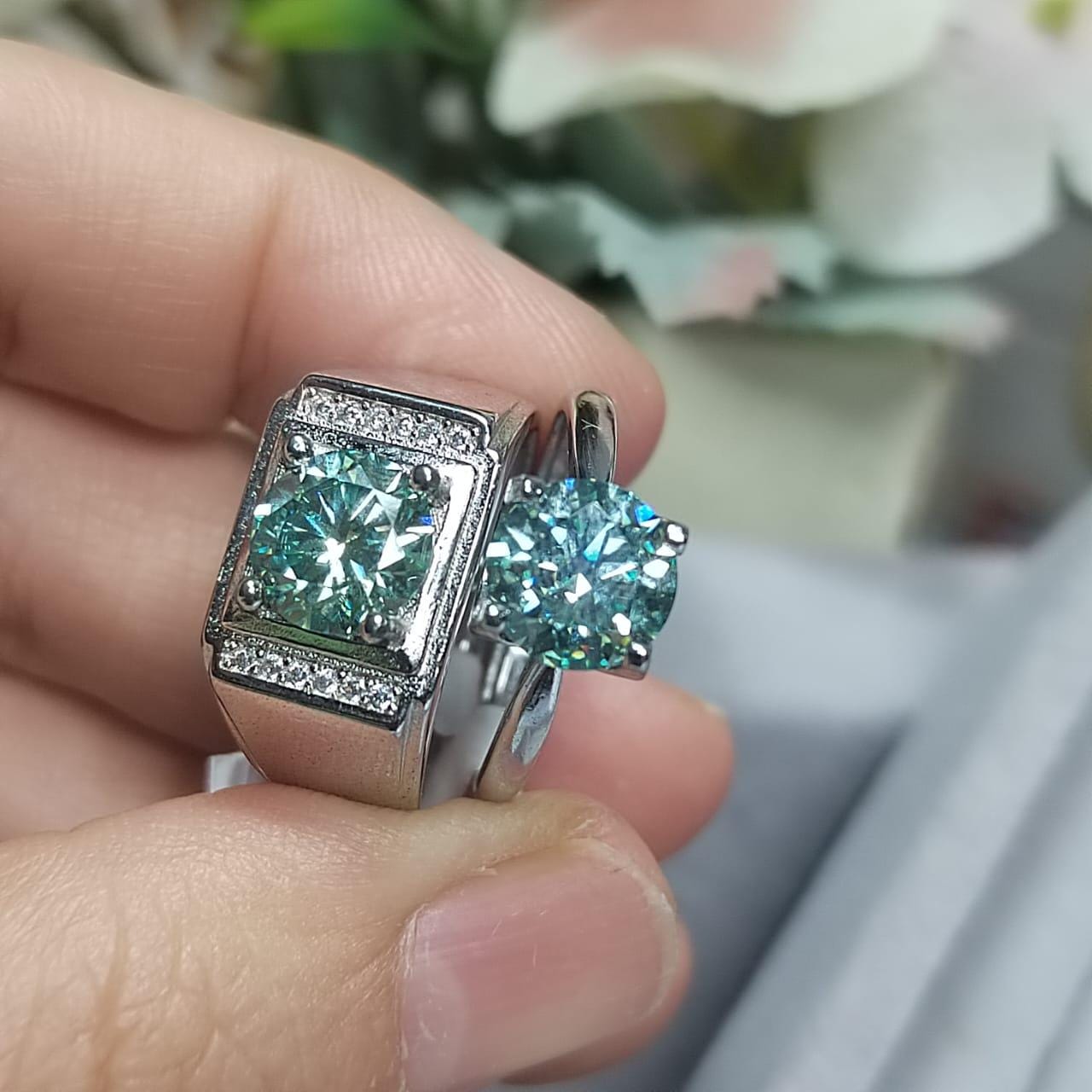 Light Blue Moissanite with Zircon Accent Couple Rings Set S925 Silver Plated with 18K White Gold for Wedding, Anniversary, Engagement SL081 - SL Precious